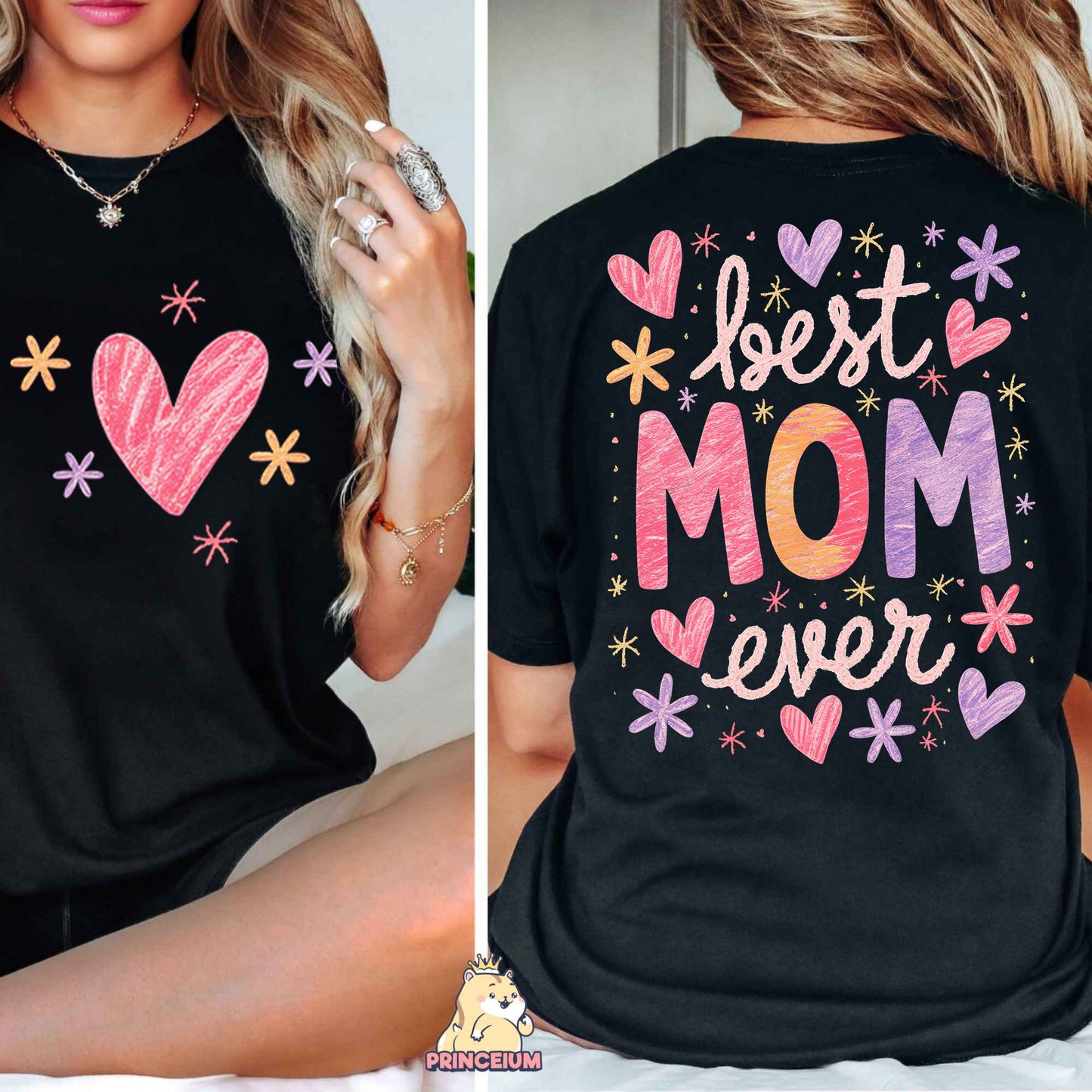 a woman wearing a t - shirt that says best mom ever