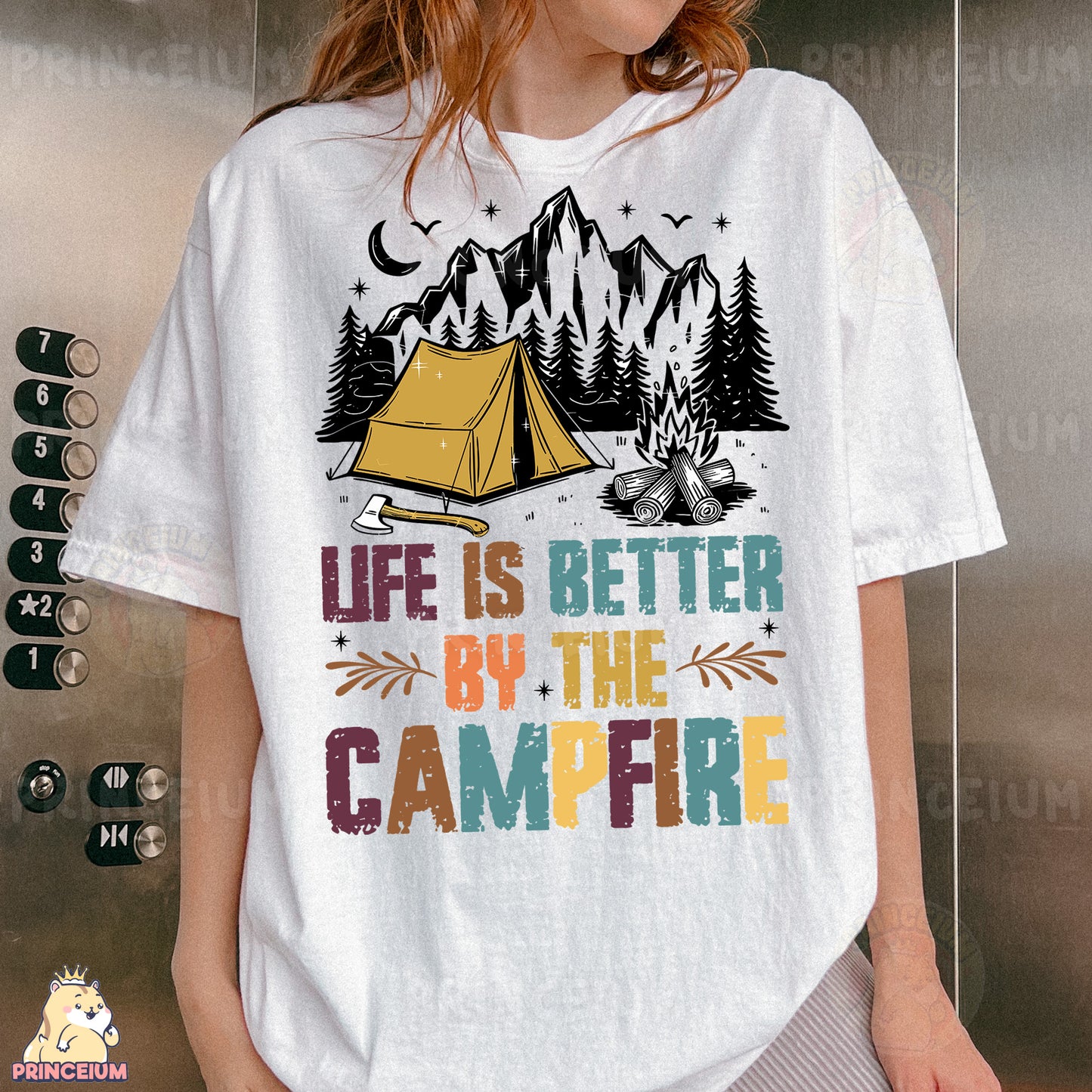a woman wearing a t - shirt that says life is better by the campfire