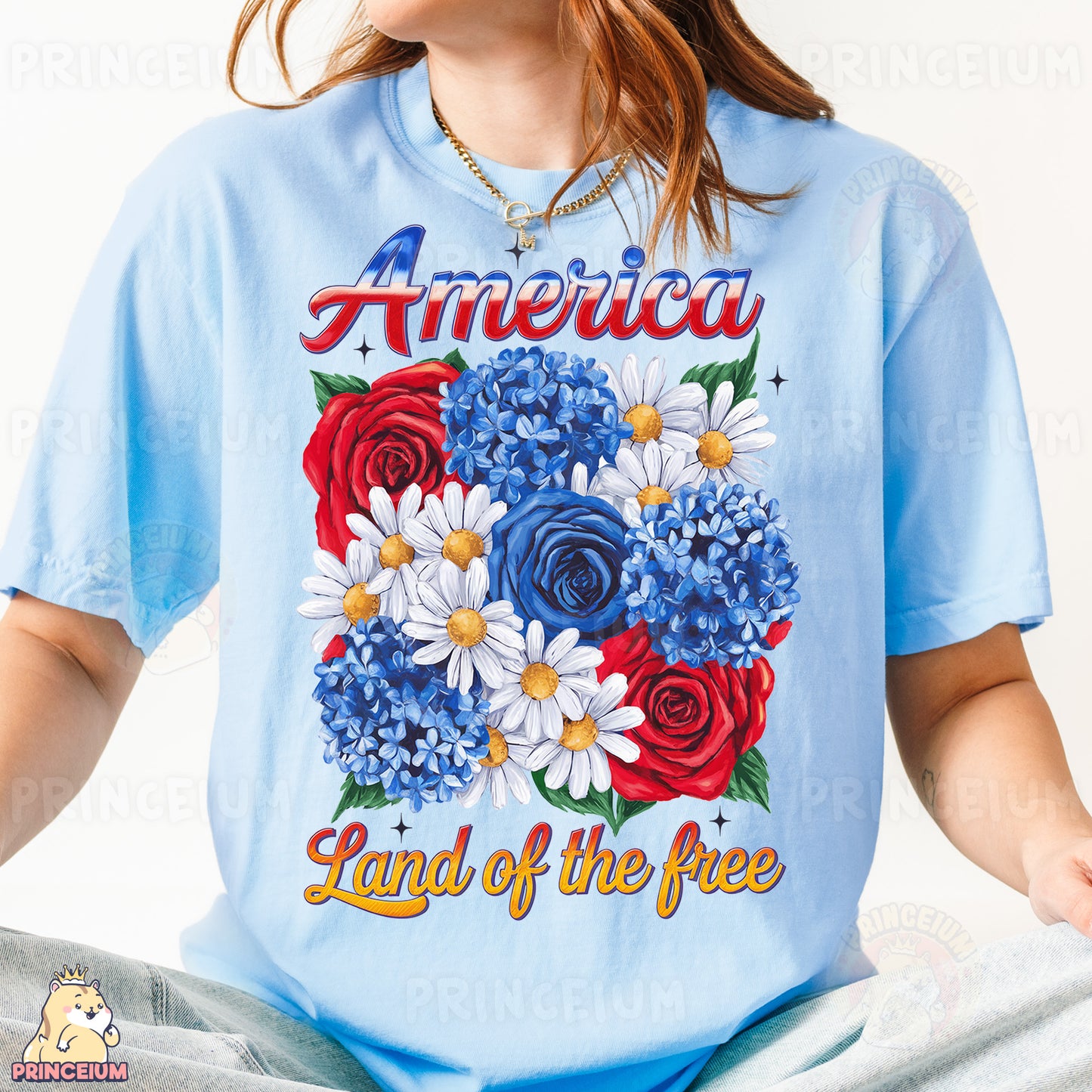 a woman wearing a blue america shirt with flowers on it