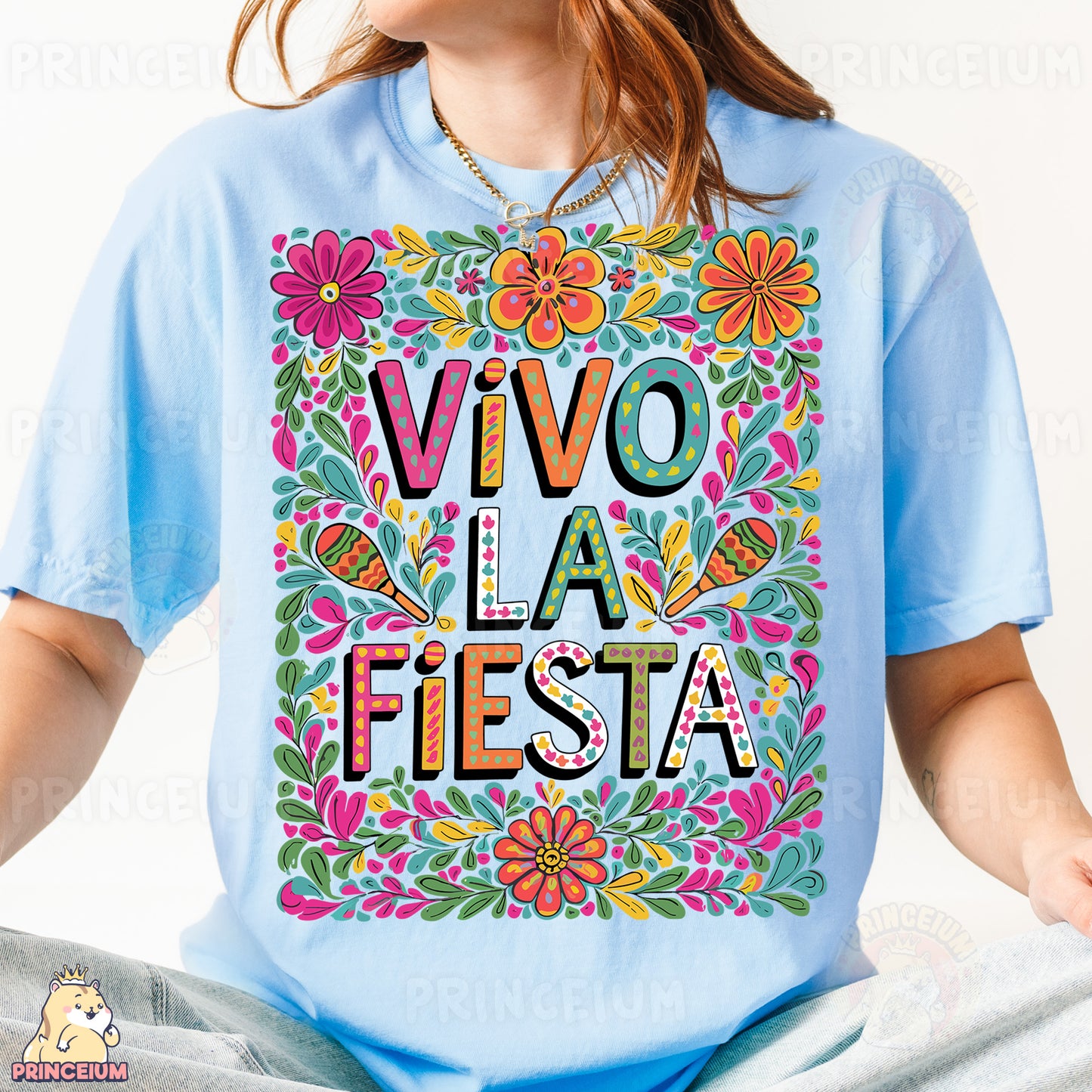 a woman wearing a t - shirt that says vivo la fiesta
