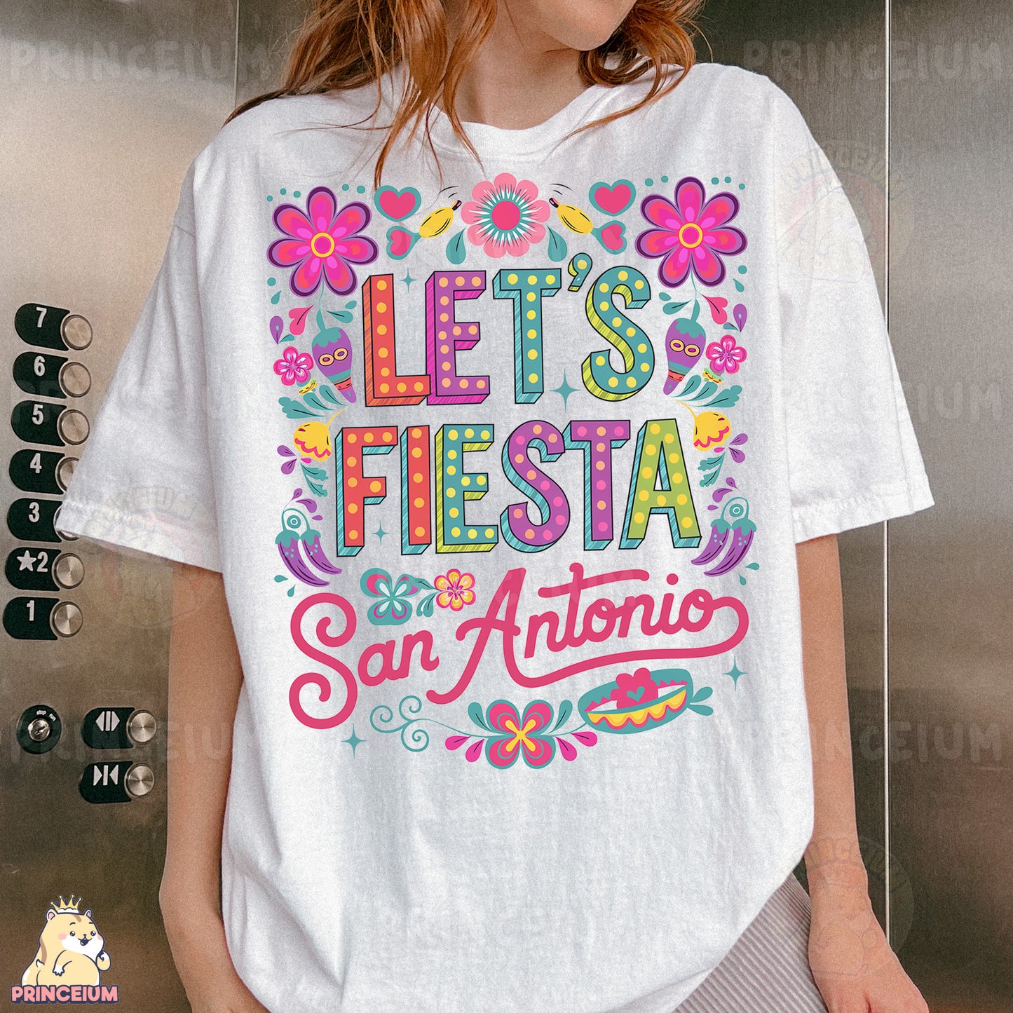 a woman wearing a t - shirt that says let's fiesta san antonio
