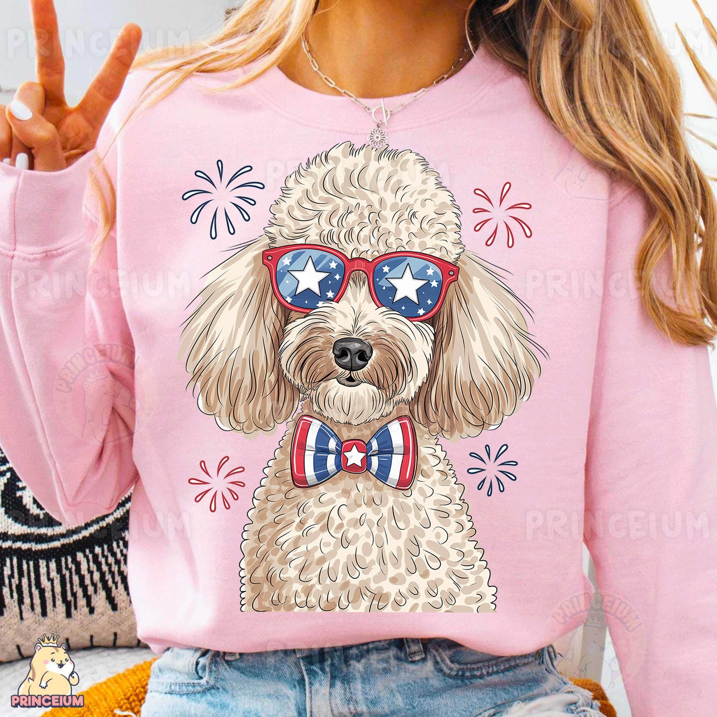 a woman wearing a pink shirt with a dog wearing sunglasses