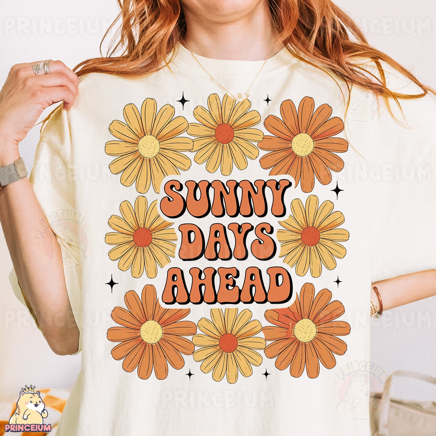 a woman wearing a t - shirt that says sunny days ahead
