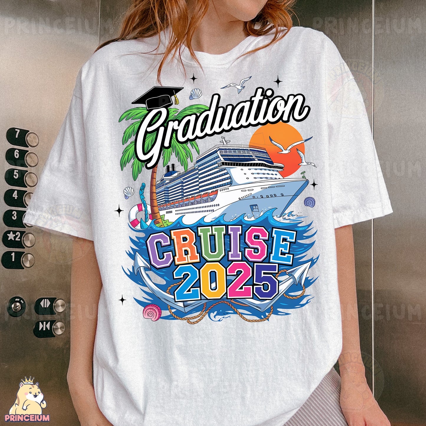 a woman wearing a graduation t - shirt with a cruise ship in the background