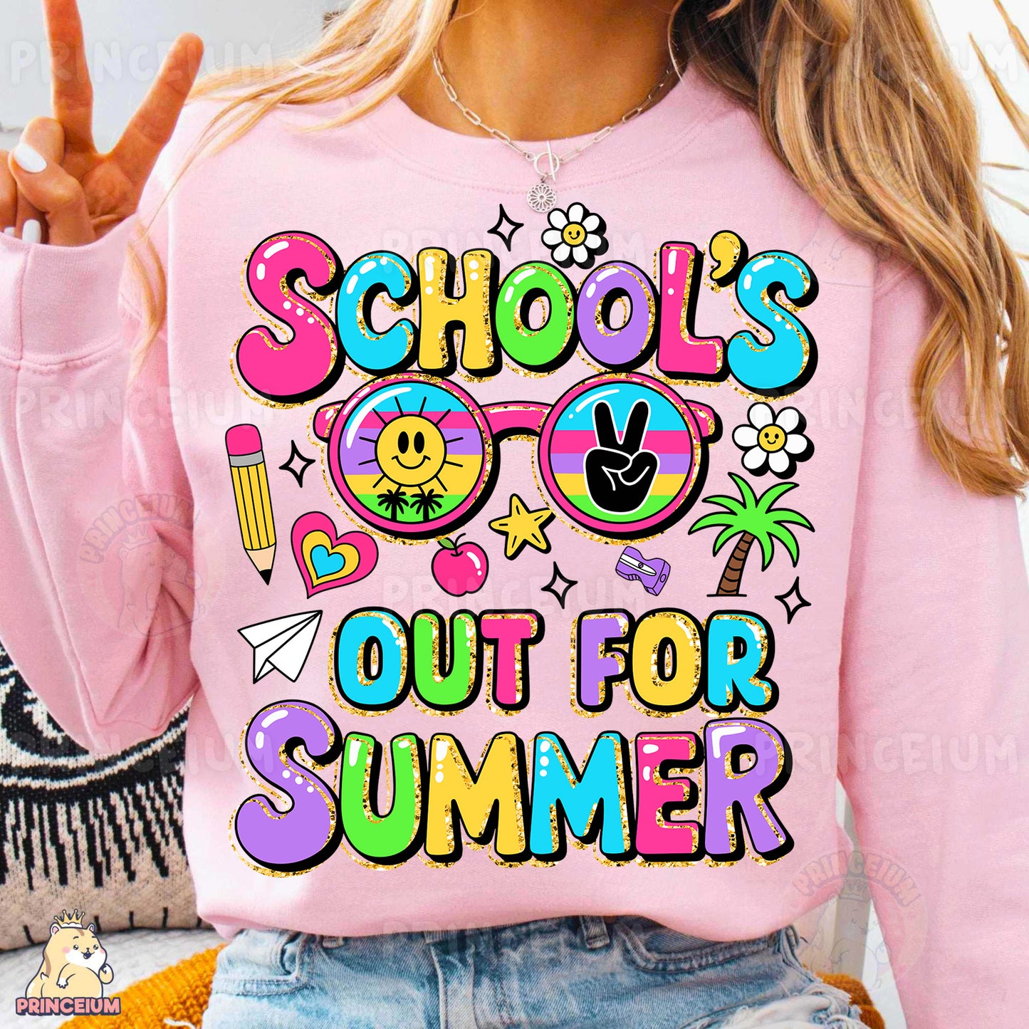 a woman wearing a pink sweatshirt that says school's out for summer