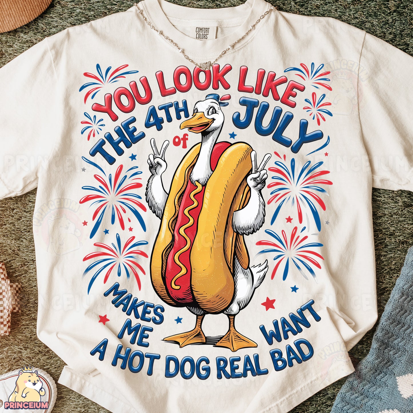 a white shirt with a hot dog on it