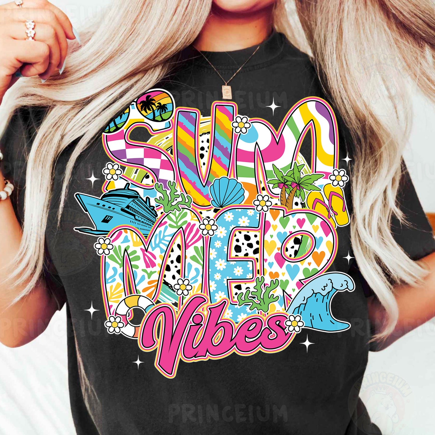 a woman wearing a black shirt that says summer vibes