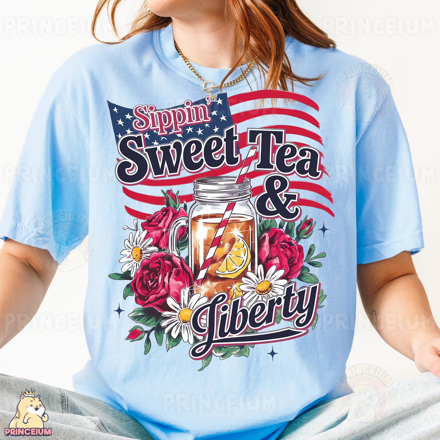 a woman wearing a t - shirt that says sweet tea and liberty
