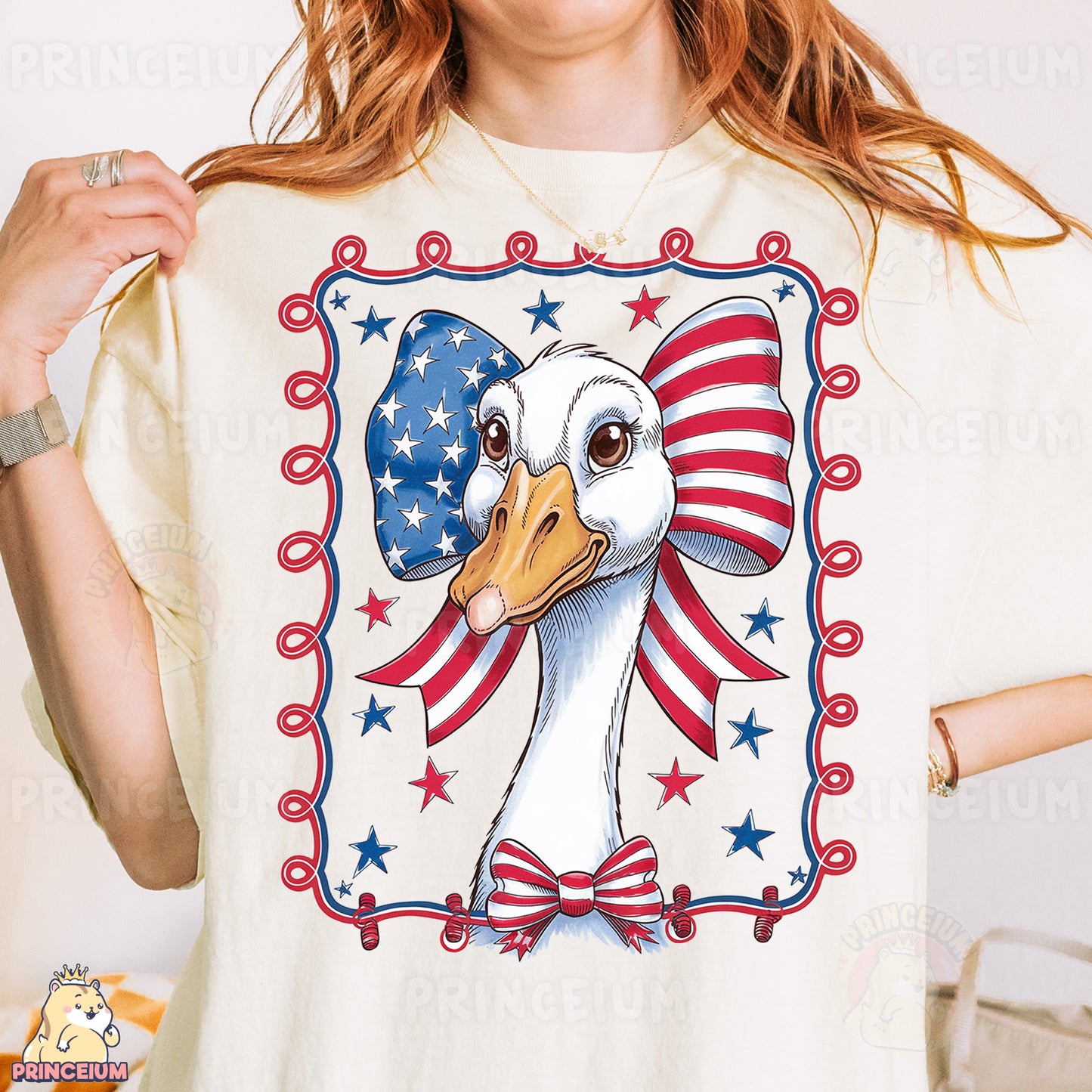a woman wearing a t - shirt with a picture of a duck on it