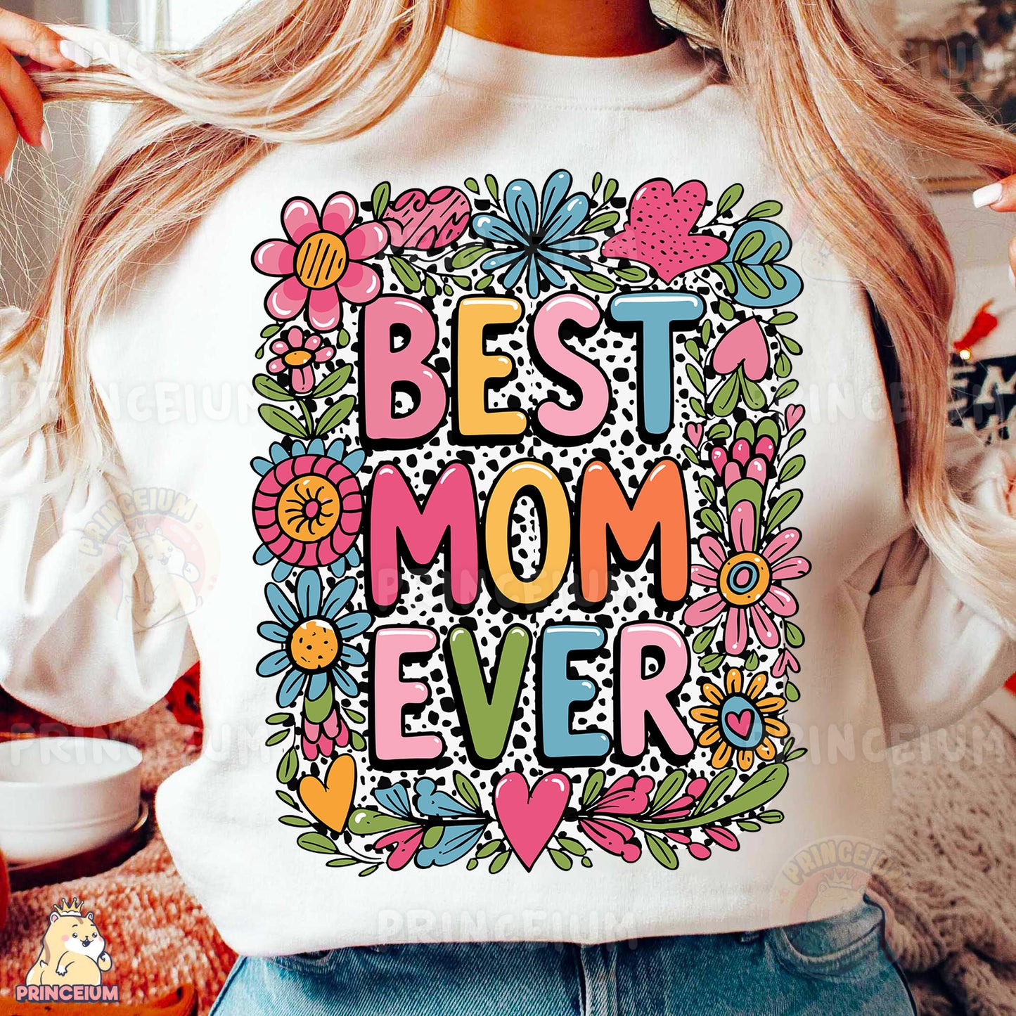 a woman wearing a best mom ever t - shirt