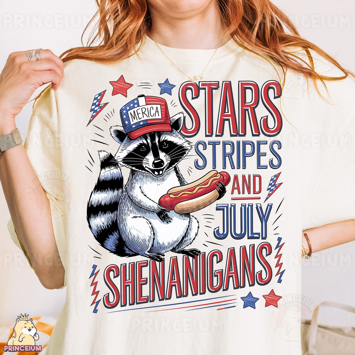 a woman wearing a t - shirt with a raccoon eating a hot dog