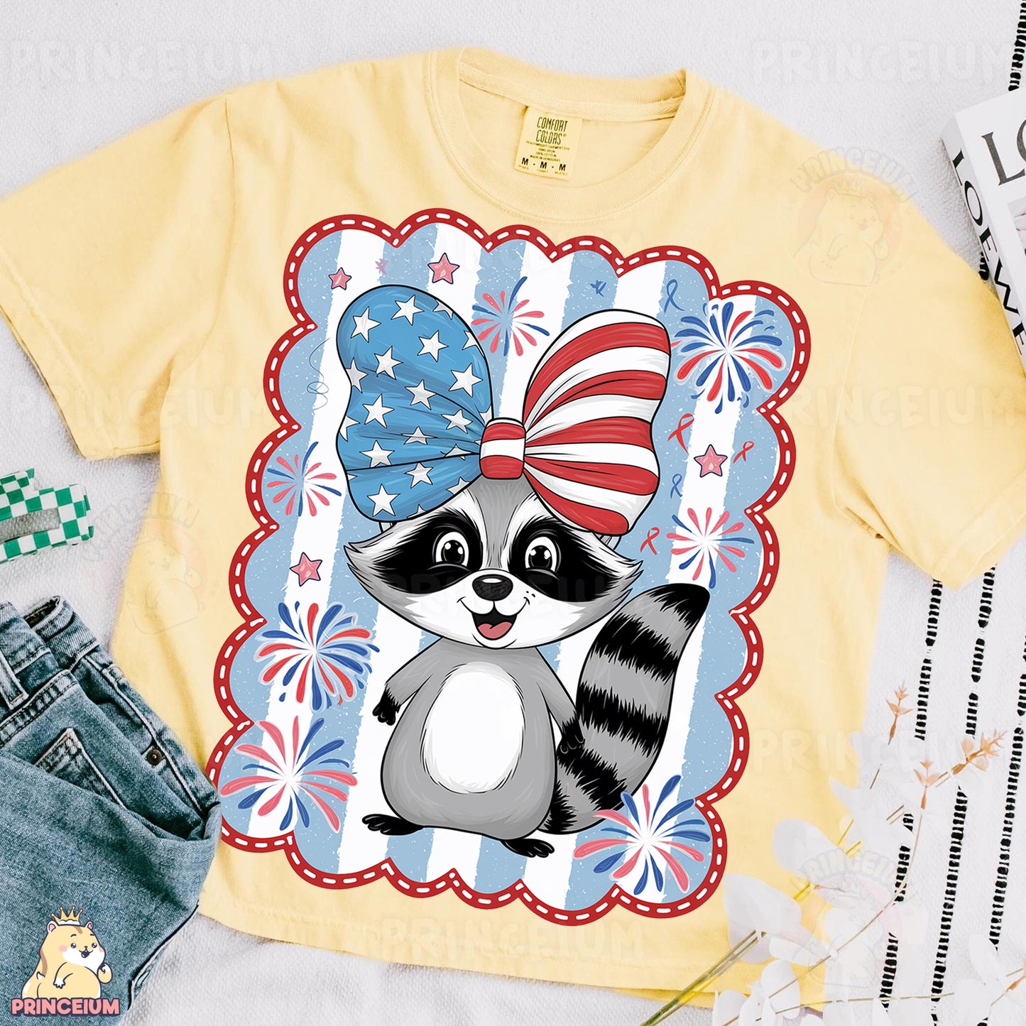 a t - shirt with a raccoon wearing an american flag bow