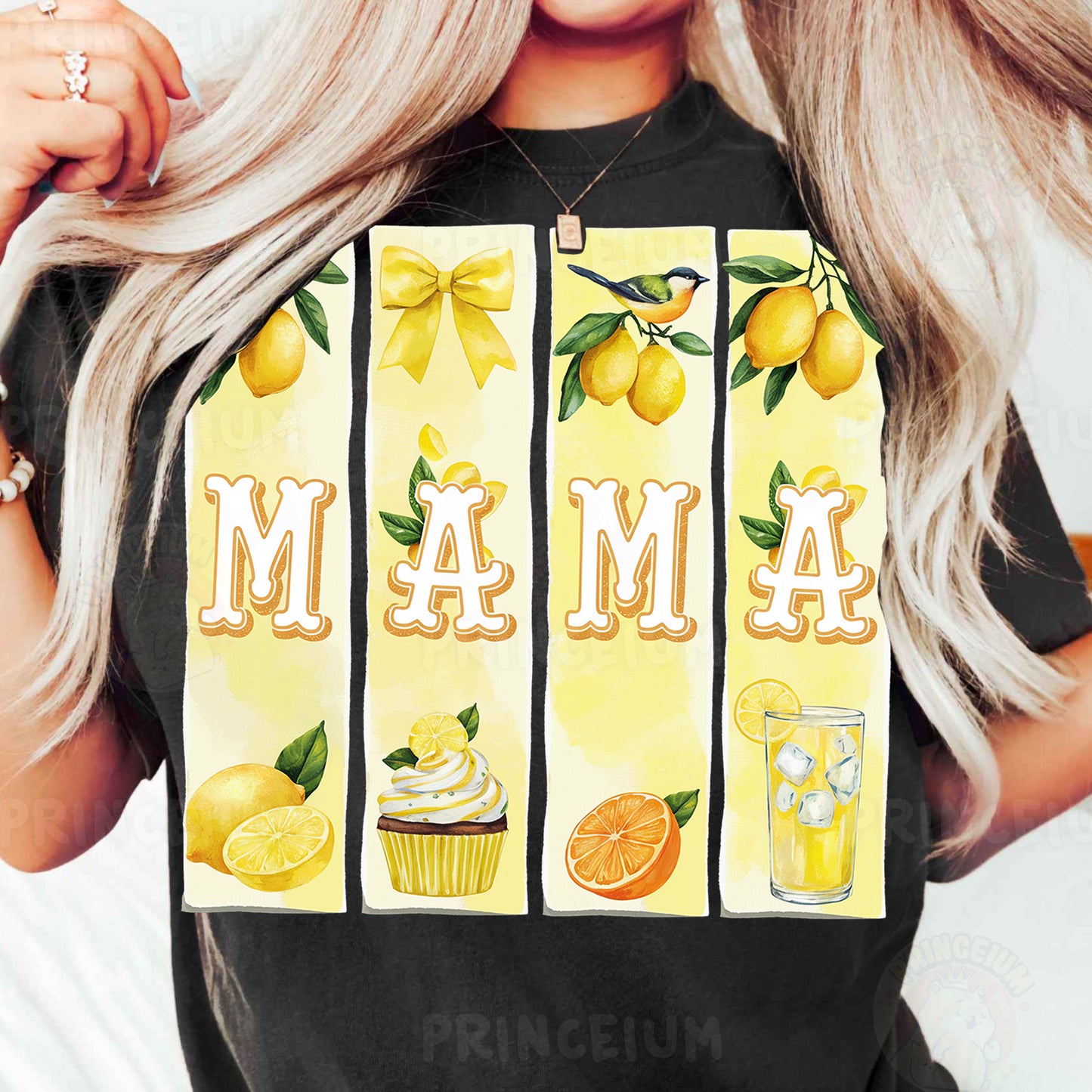 a woman holding up a t - shirt with lemons and cupcakes on
