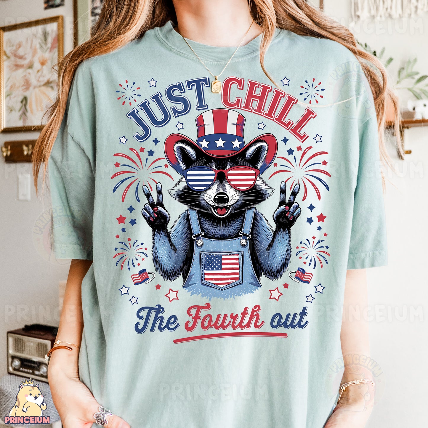 a woman wearing a t - shirt that says just chill the fourth out