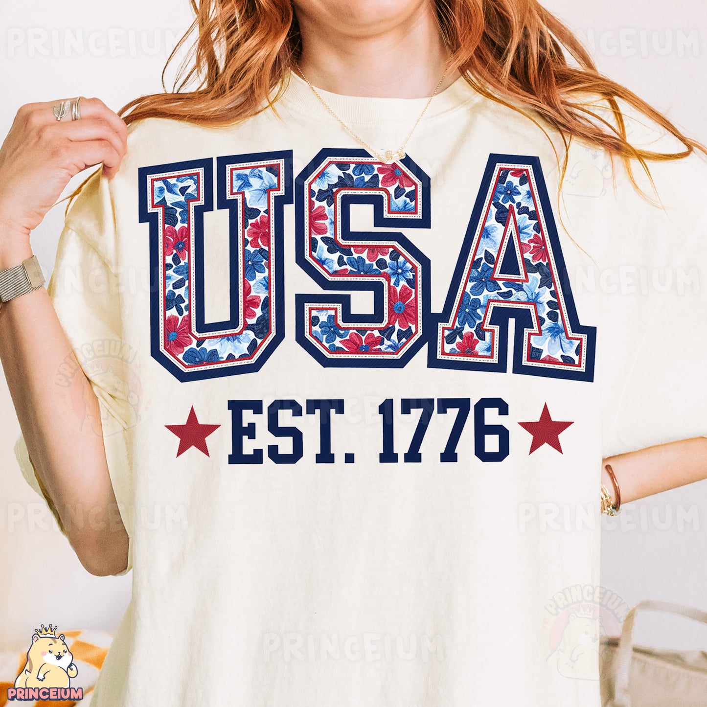 a woman wearing a usa t - shirt with stars and stripes