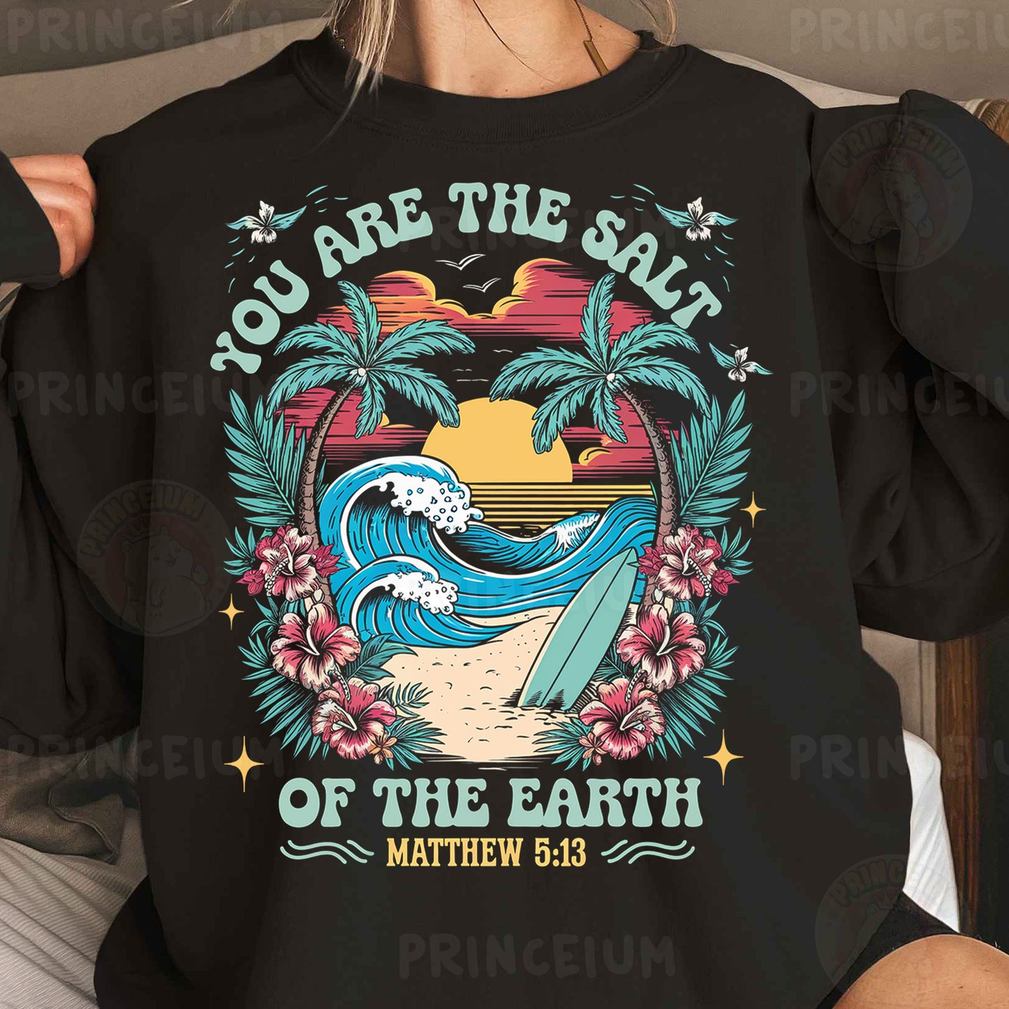a woman wearing a black shirt that says you are the salt of the earth