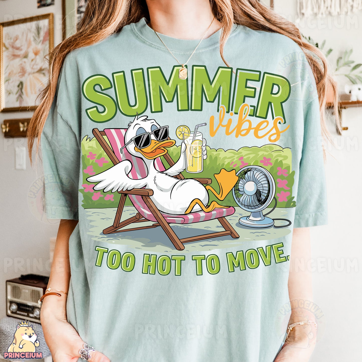 a woman wearing a t - shirt that says summer vibes too hot to move