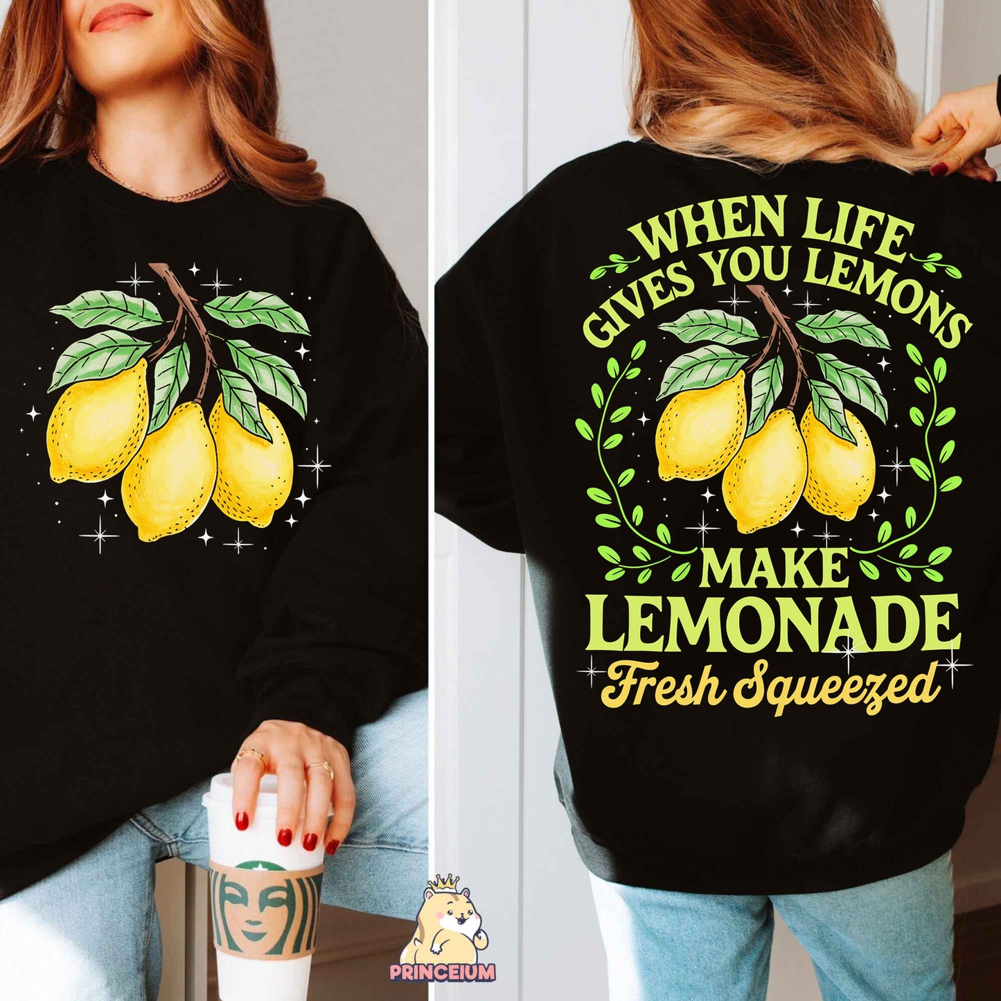 a woman wearing a black sweatshirt with lemons on it