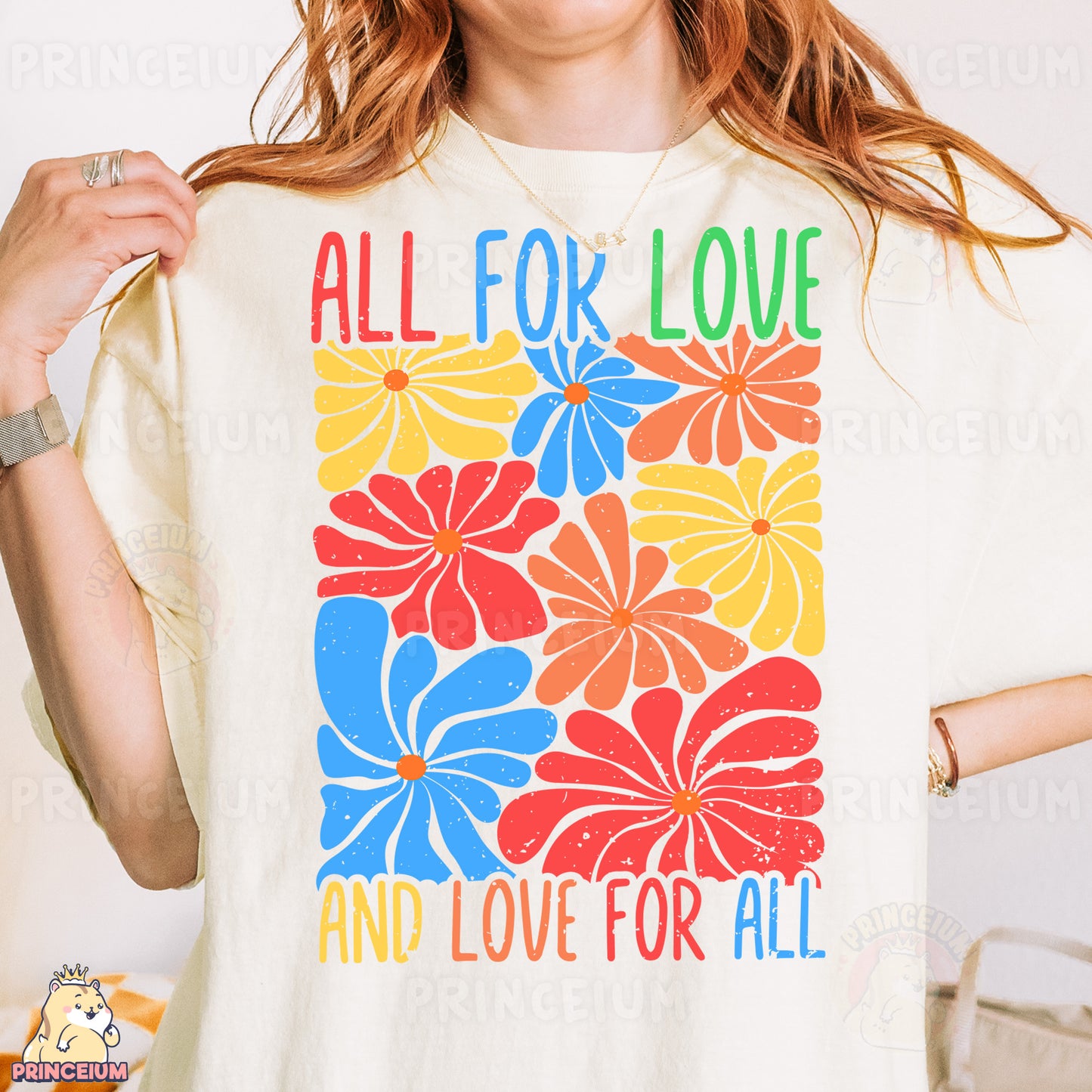 a woman wearing a t - shirt that says all for love and love for all