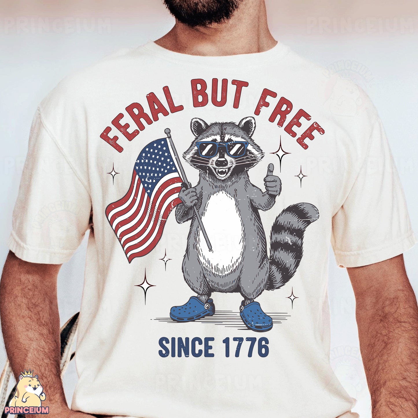 a man wearing a t - shirt with a raccoon holding an american flag