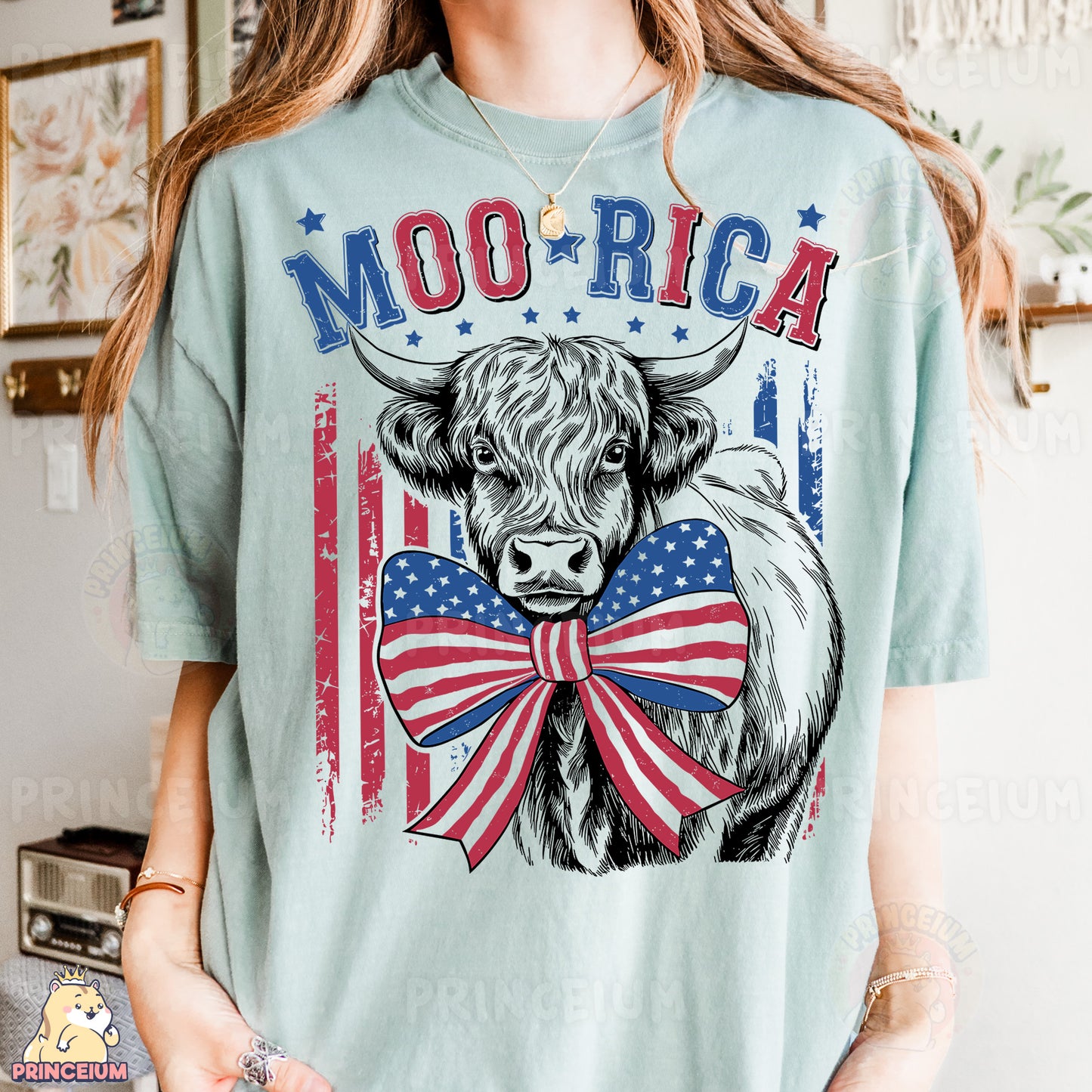 a woman wearing a t - shirt with a cow wearing a bow tie