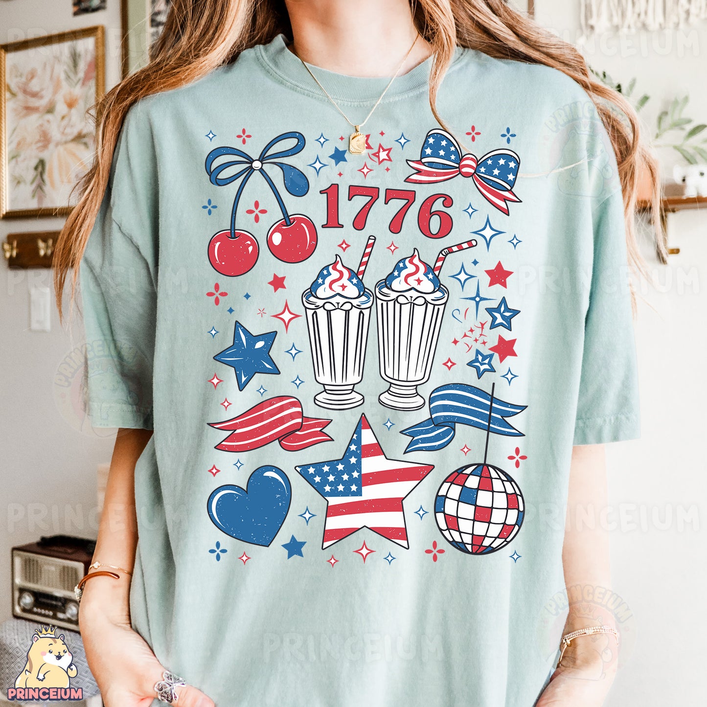 a woman wearing a t - shirt with a patriotic design