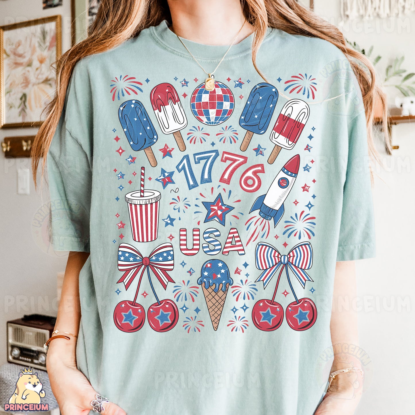 a woman wearing a fourth of july t - shirt