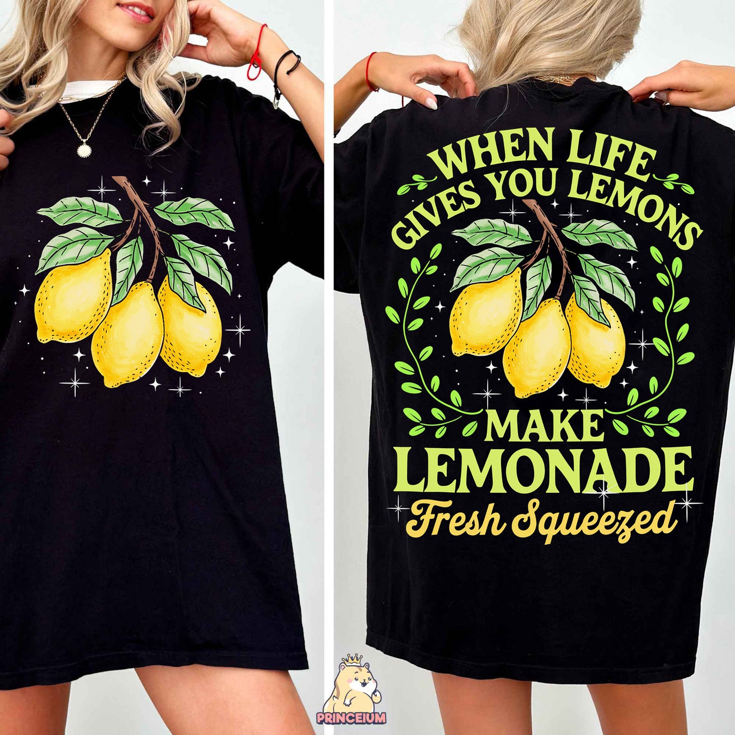 a woman wearing a t - shirt that says when life gives you lemons make