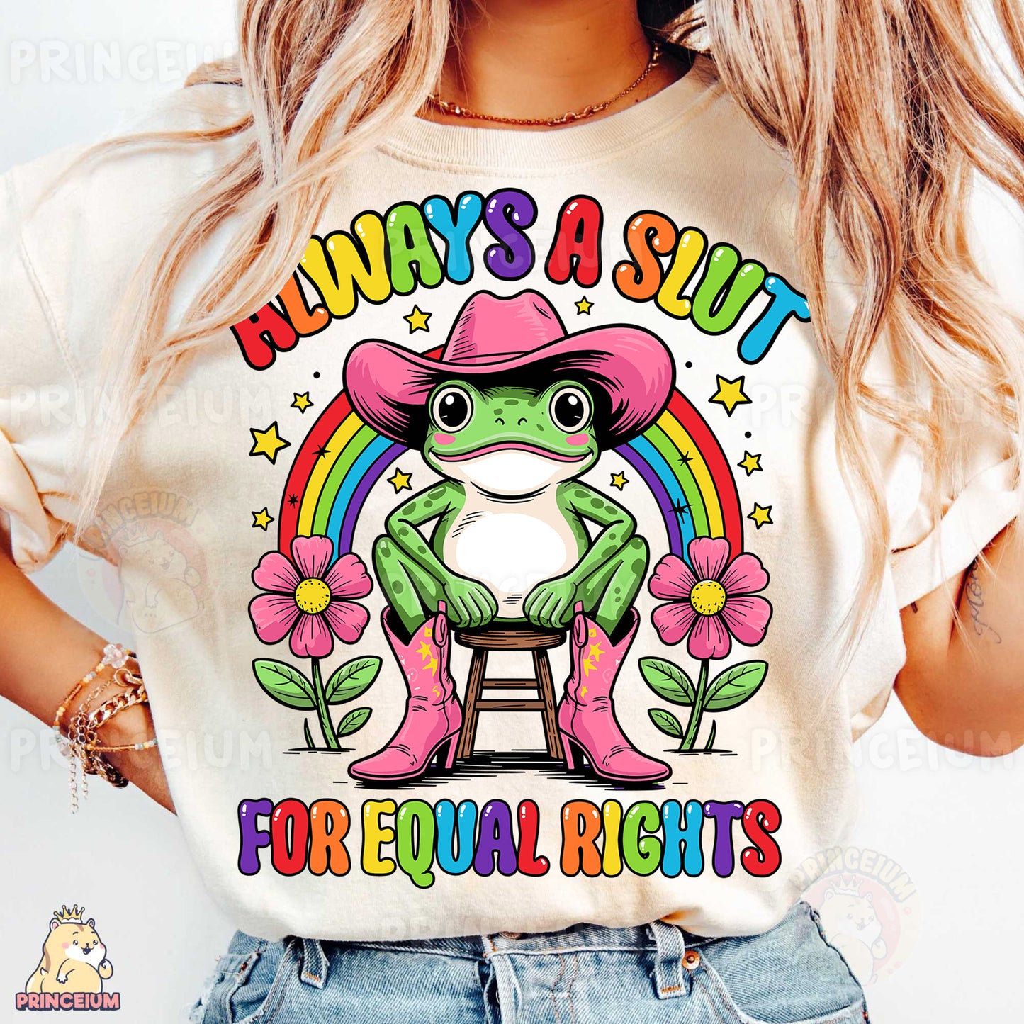 a woman wearing a t - shirt with a frog wearing a cowboy hat