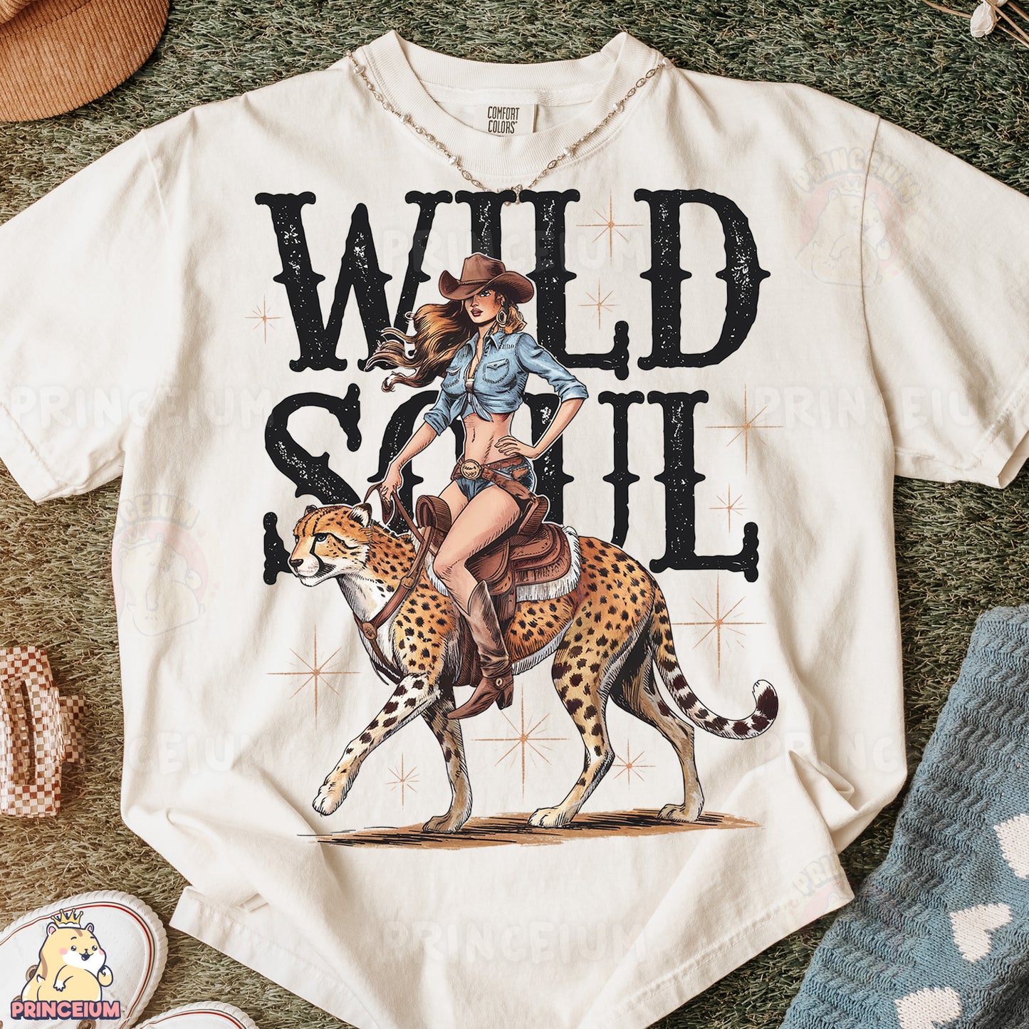 a t - shirt with a picture of a woman riding a cheetah