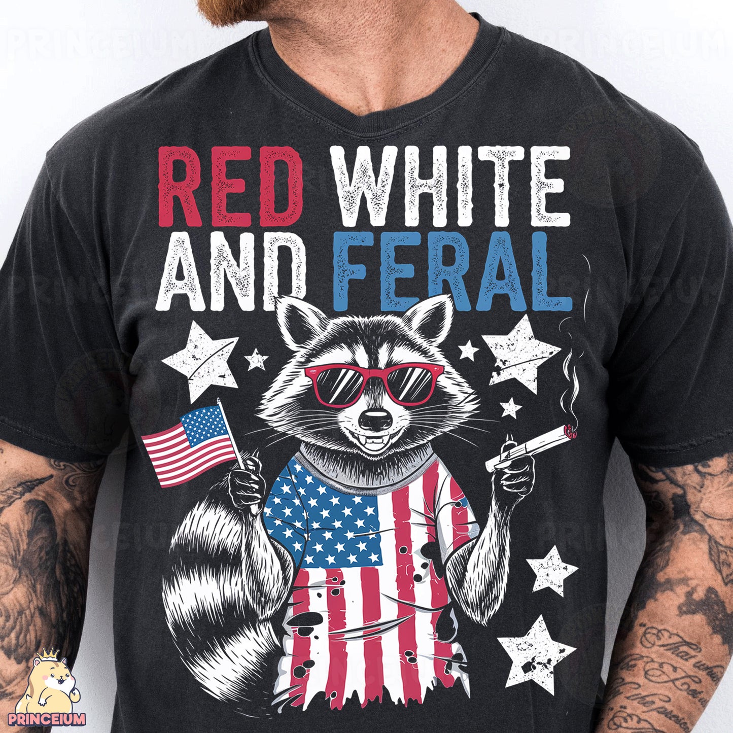 a man wearing a black shirt with a raccoon and american flag on it