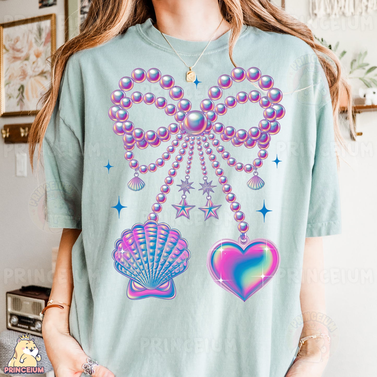 a woman wearing a t - shirt with a design on it
