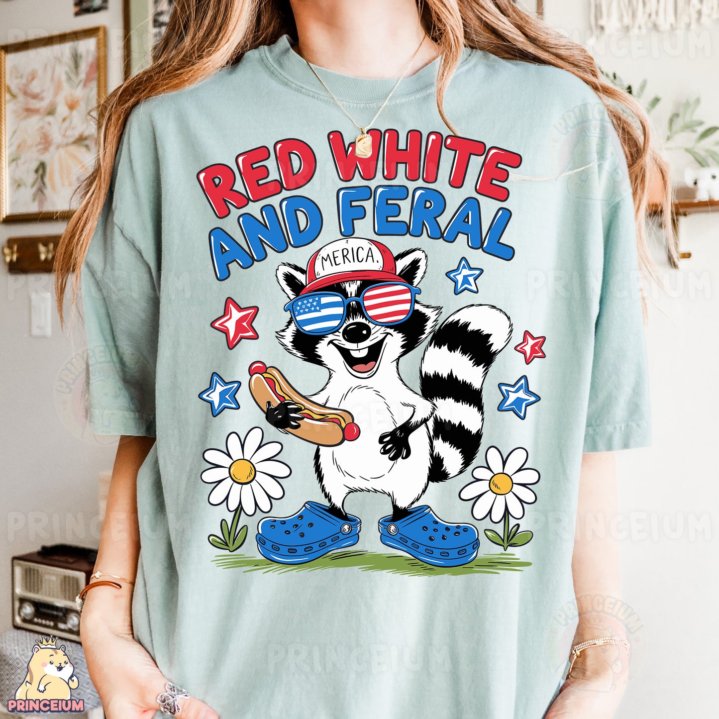 a woman wearing a red, white and fe ral shirt
