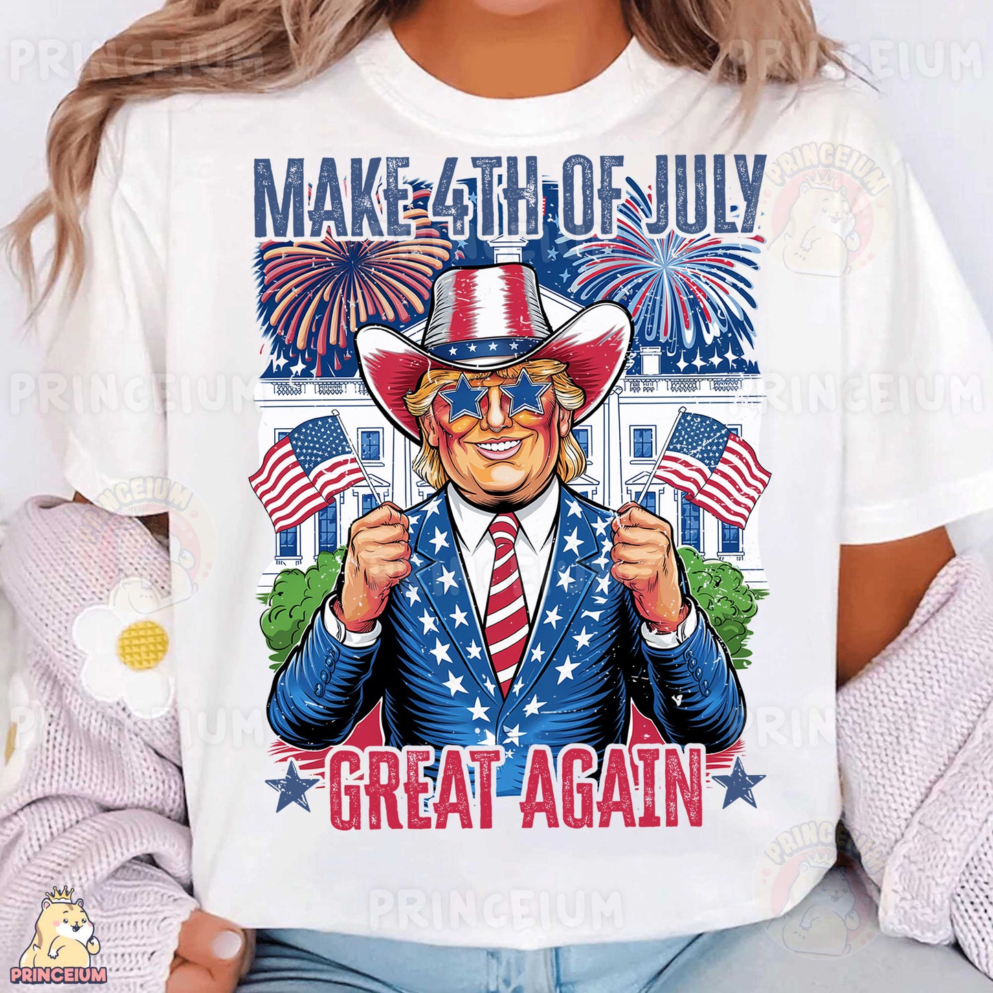 a woman wearing a white t - shirt with an image of donald the trump