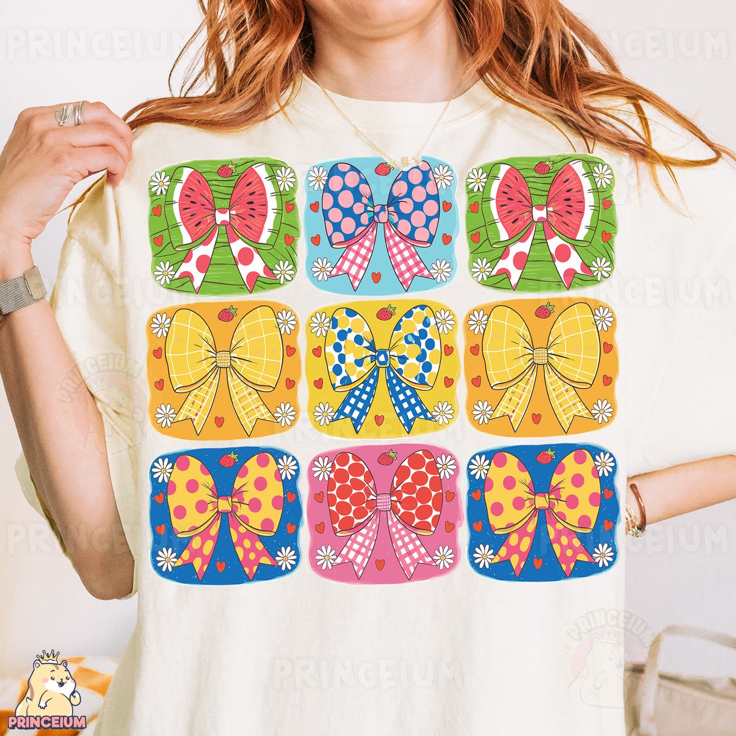 a woman wearing a t - shirt with bows on it