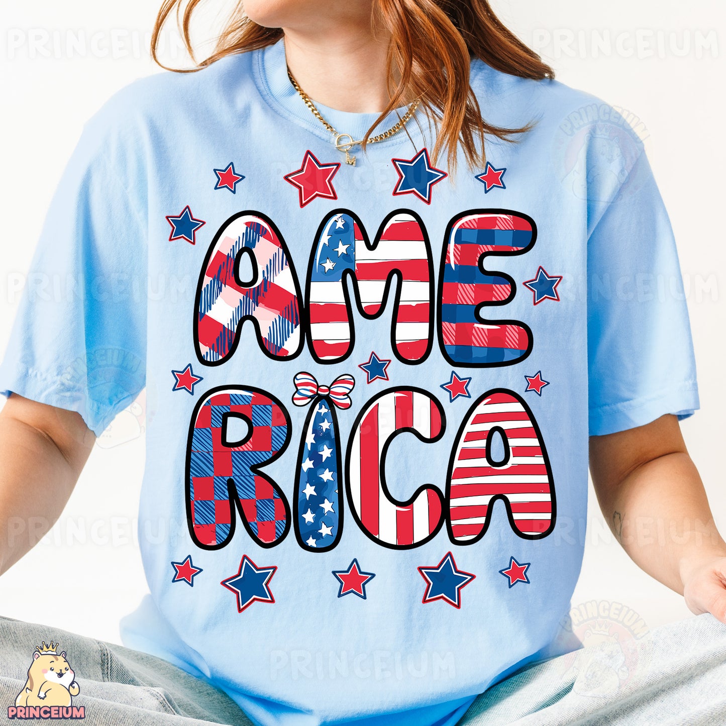 a woman wearing a t - shirt that says america