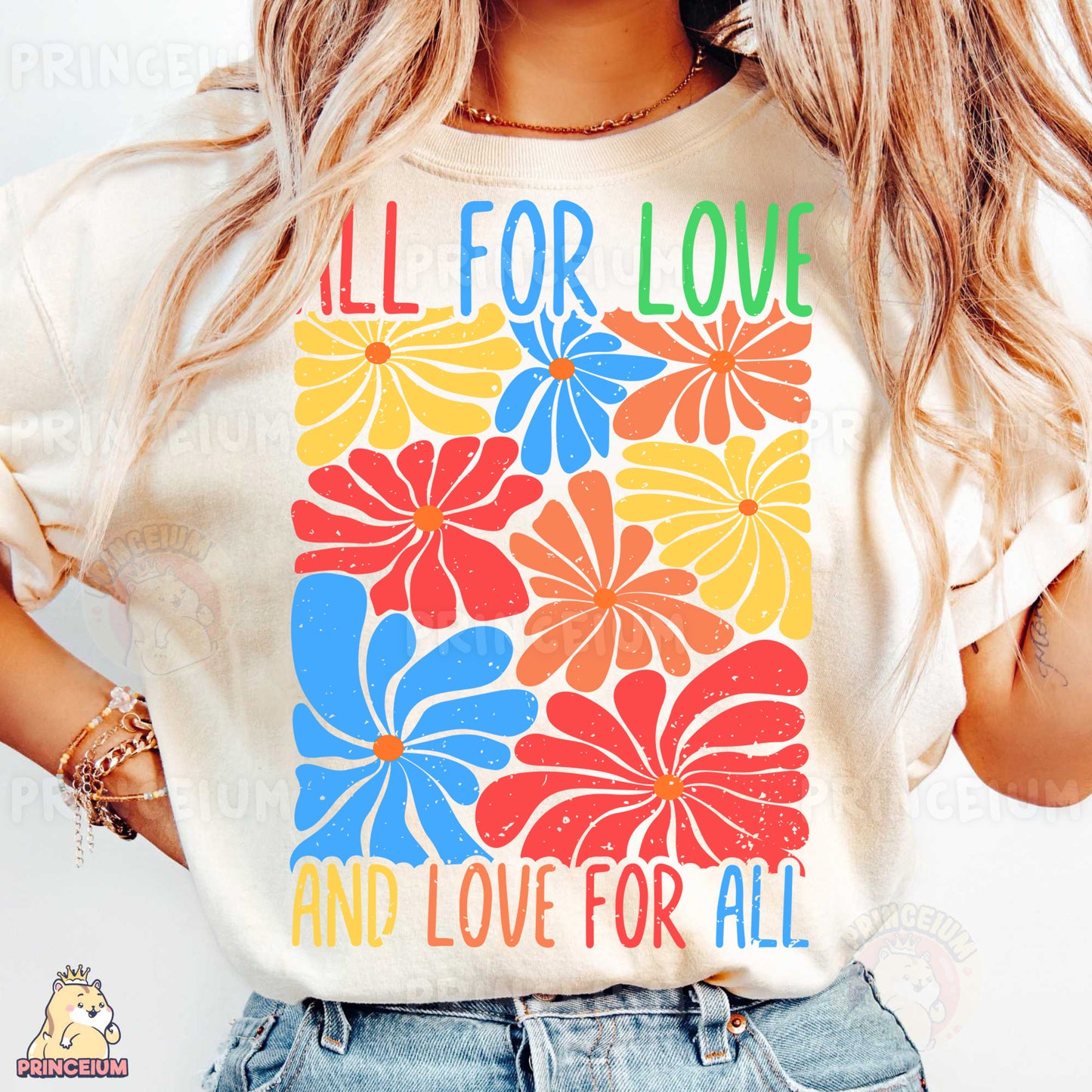 a woman wearing a t - shirt with flowers on it