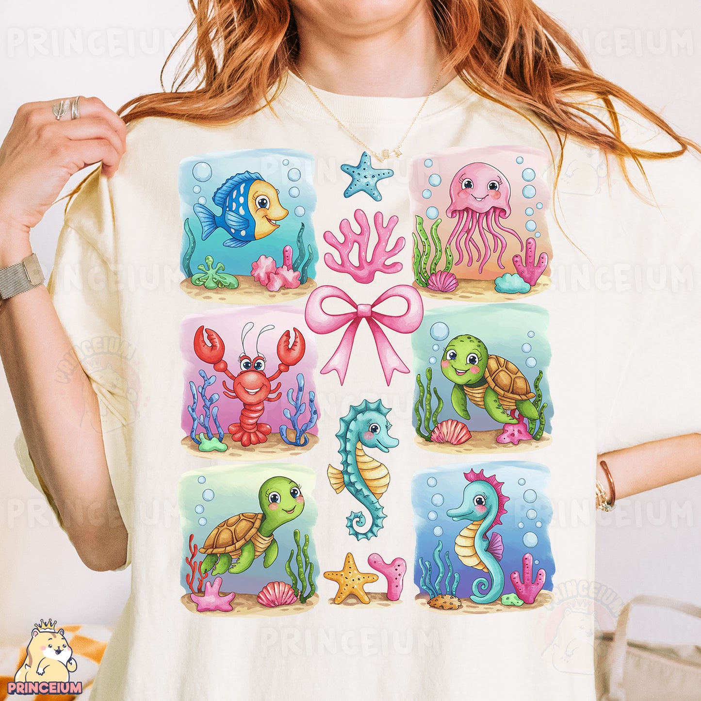 a woman wearing a t - shirt with sea animals on it