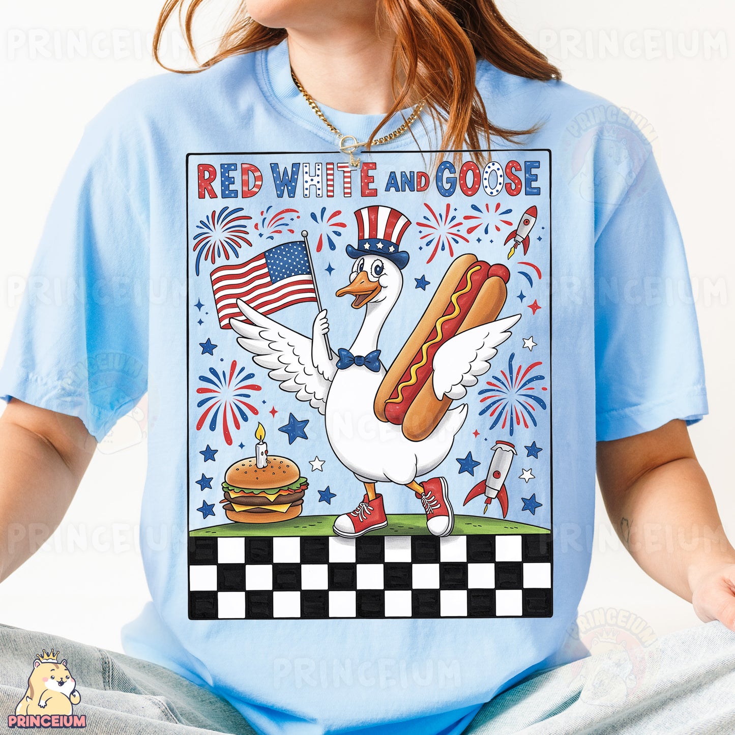 a woman wearing a red, white and blue t - shirt with a hot dog