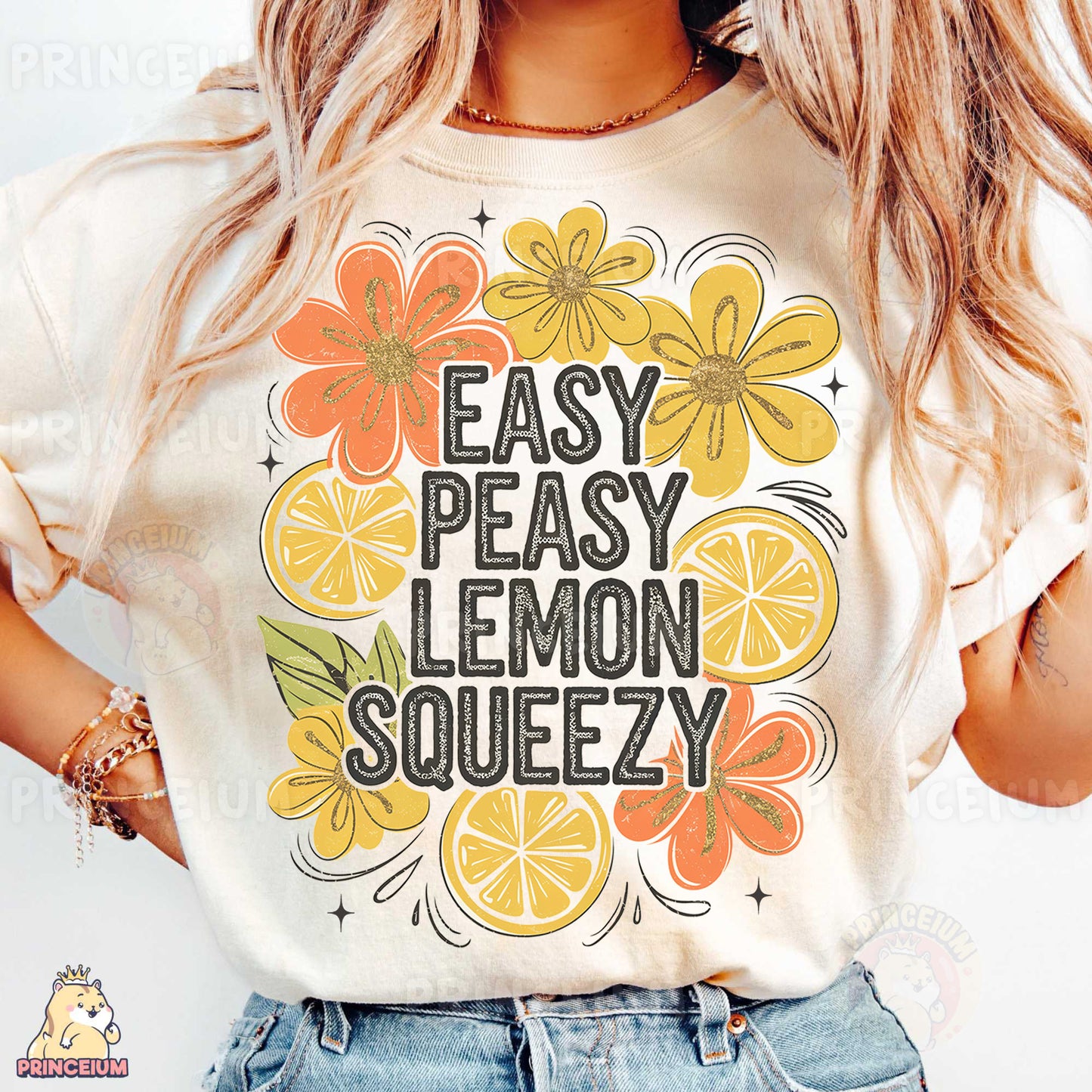 a woman wearing a t - shirt that says easy peasy lemon squeezezy