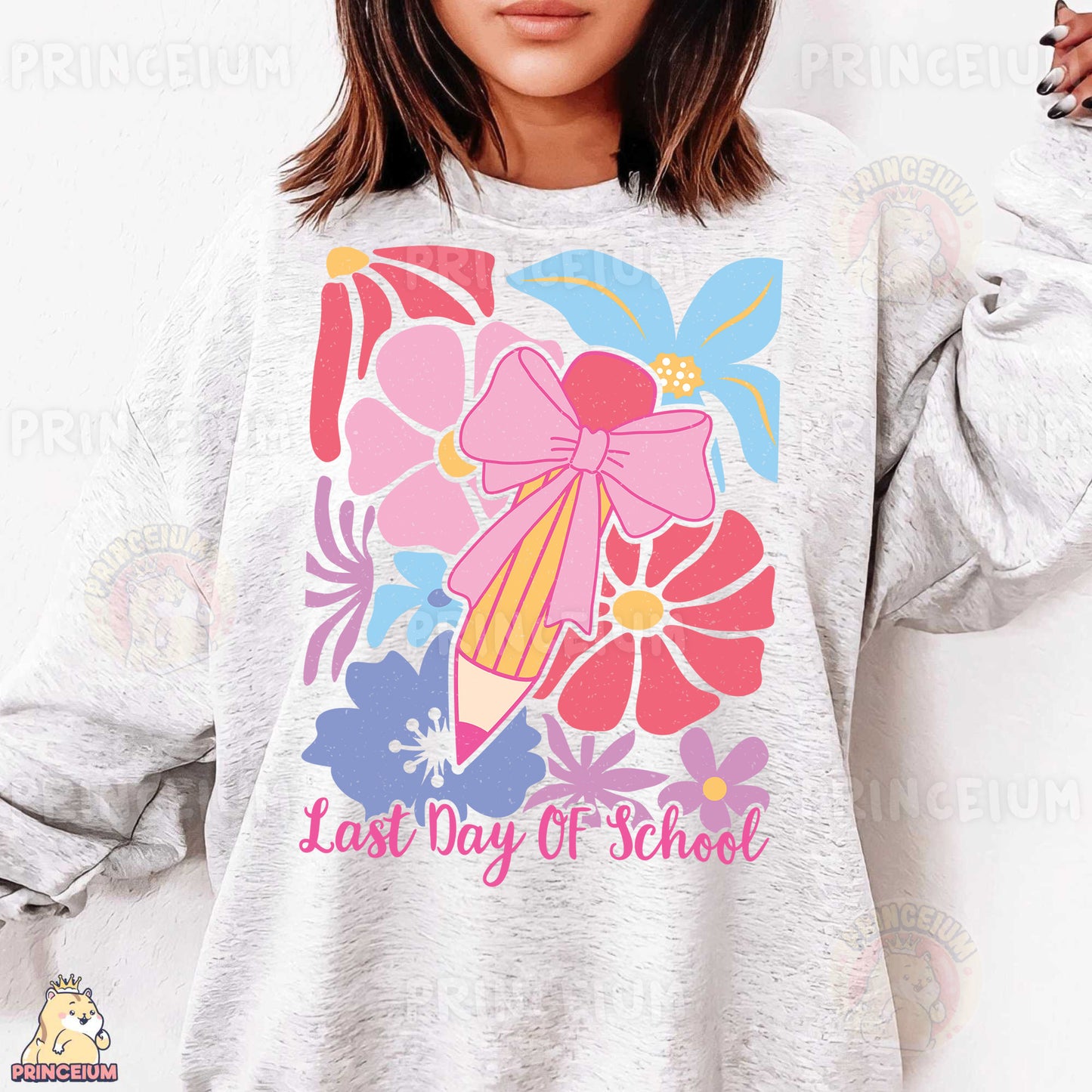 a woman wearing a sweatshirt that says last day of school