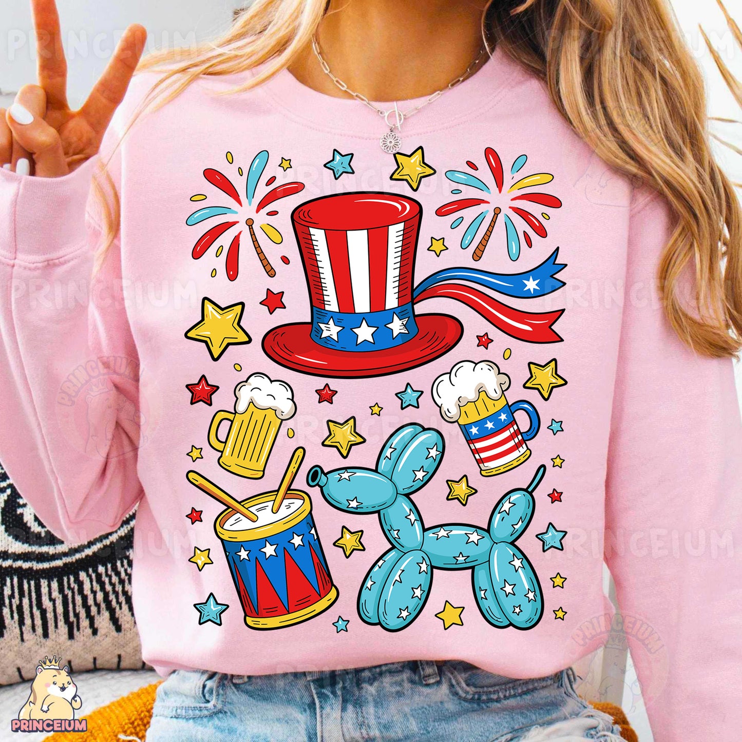 a woman wearing a pink shirt with fireworks and a top hat
