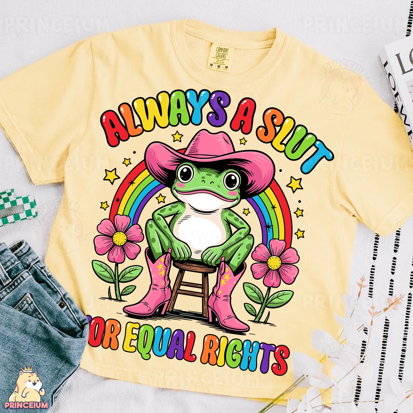 a yellow shirt with a frog wearing a pink cowboy hat
