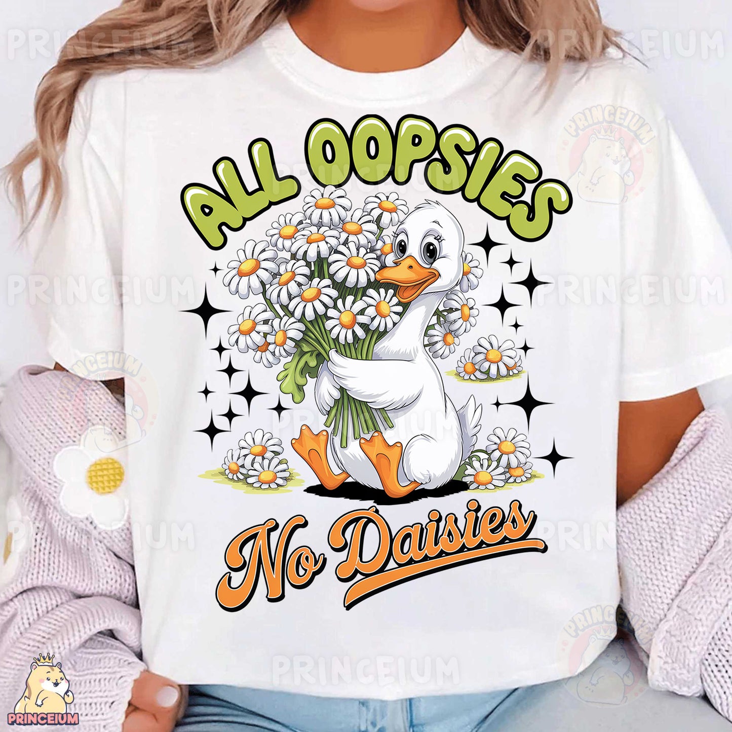 a woman wearing a white t - shirt with a duck holding a bouquet of dai