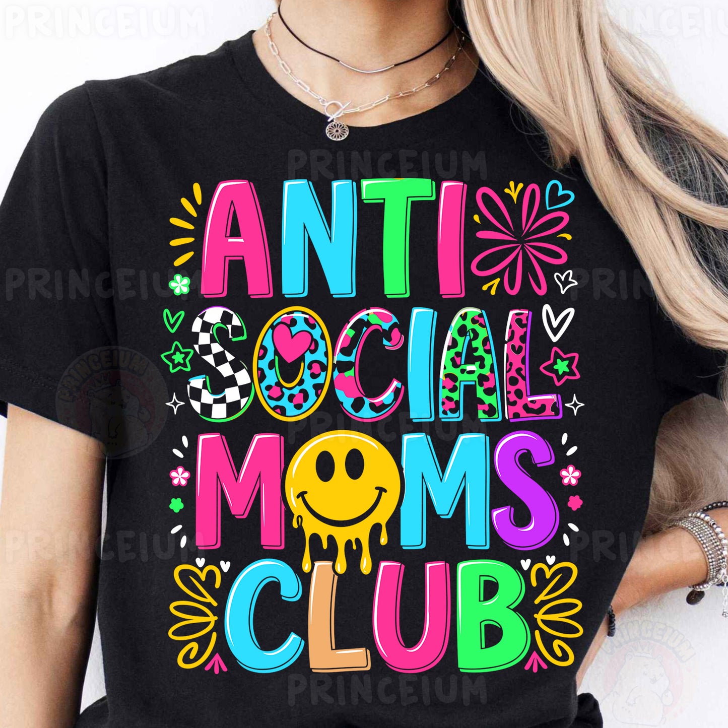 a woman wearing an anti social moms club t - shirt