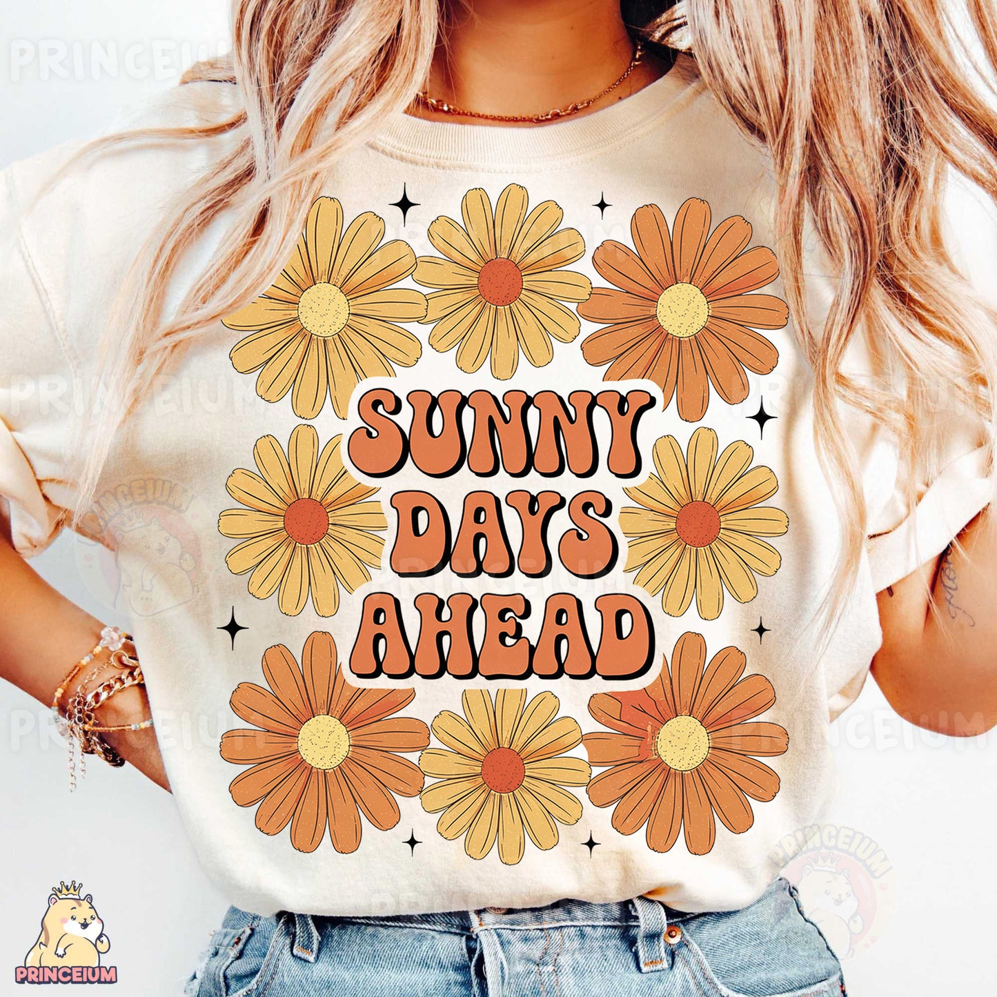 a woman wearing a t - shirt that says sunny days ahead
