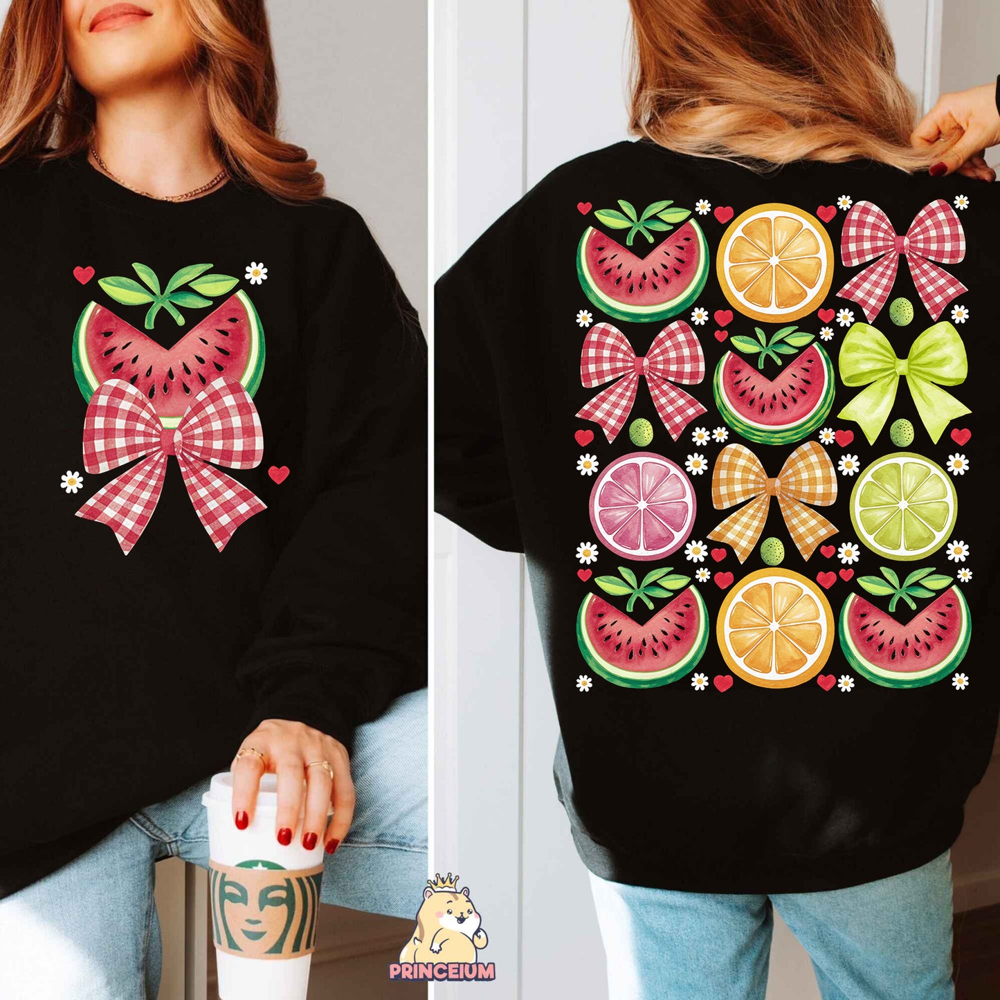 a woman wearing a black sweatshirt with fruit on it