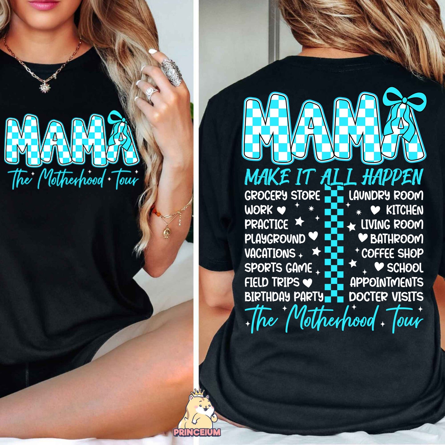 a woman wearing a black shirt with the words mama on it