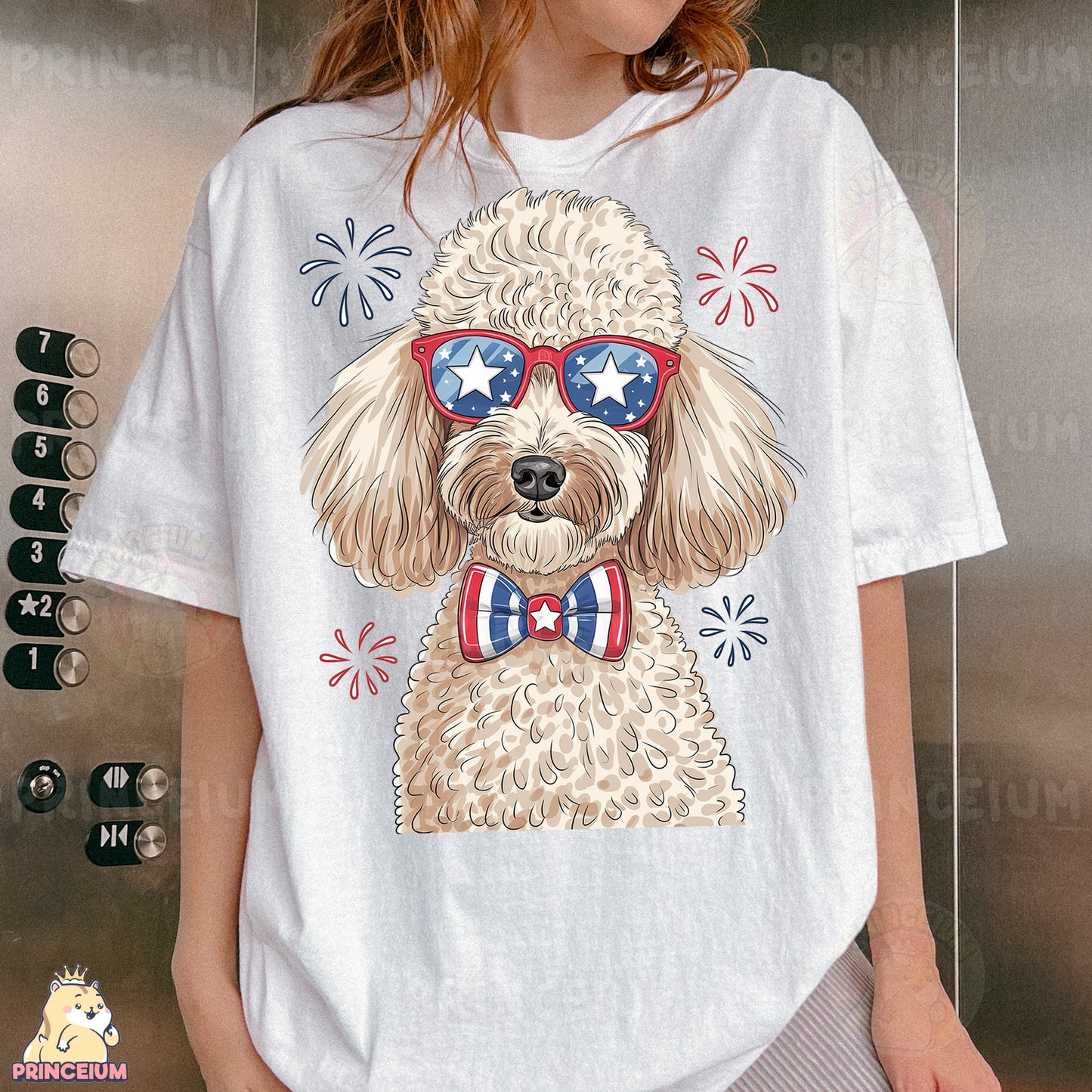 a woman wearing a t - shirt with a dog wearing sunglasses