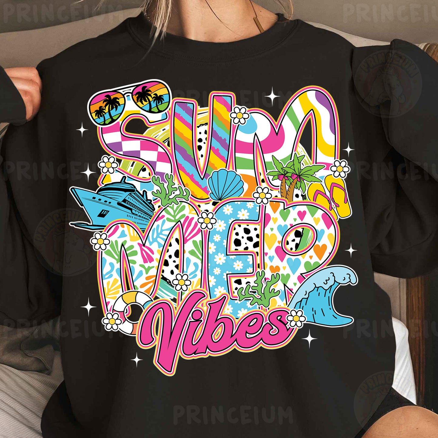 a woman wearing a black shirt with the words summer vibes printed on it